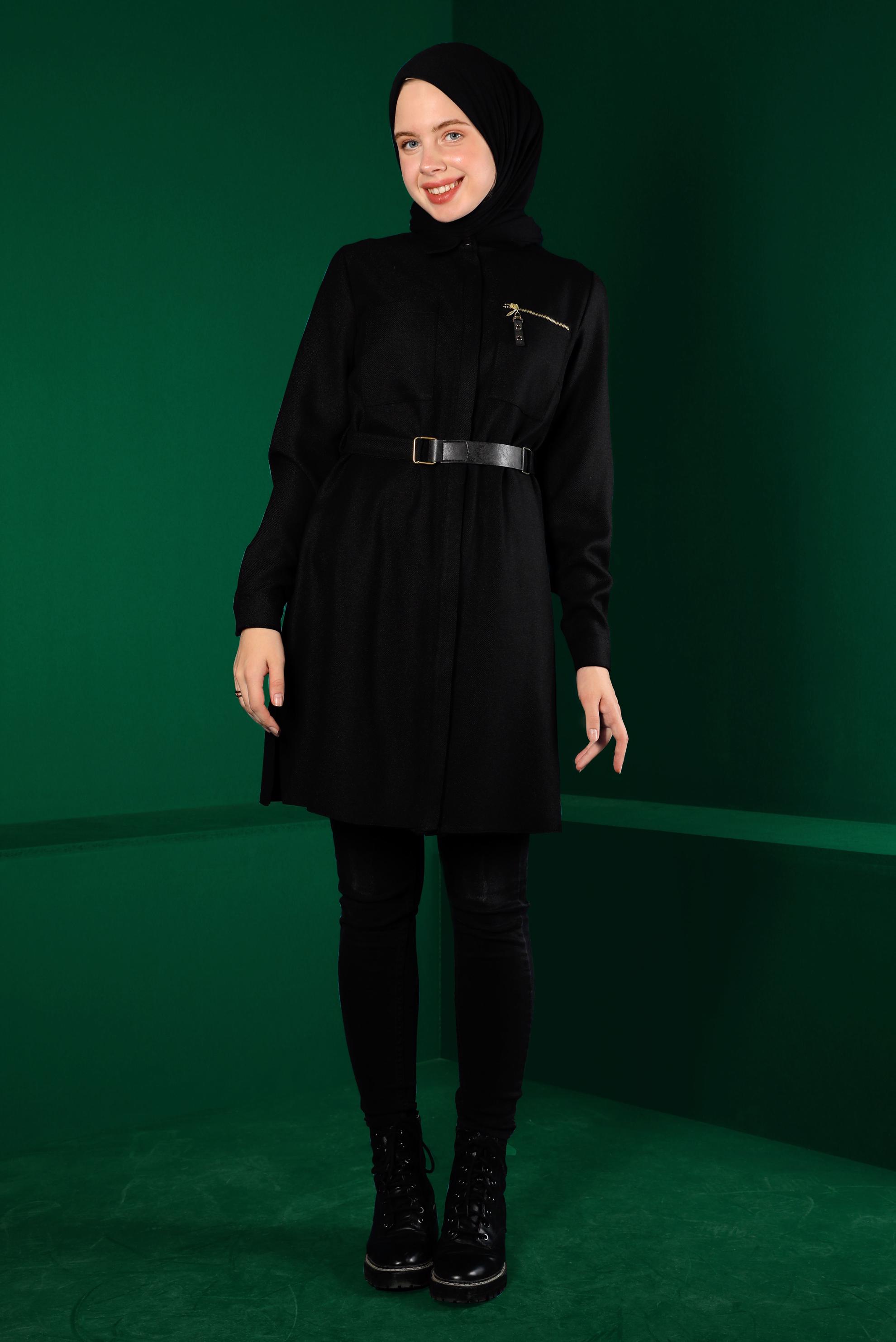Tesettür giyim SİYAH GİZLİ DÜĞMELİ KEMERLİ TUNİK 43324 
