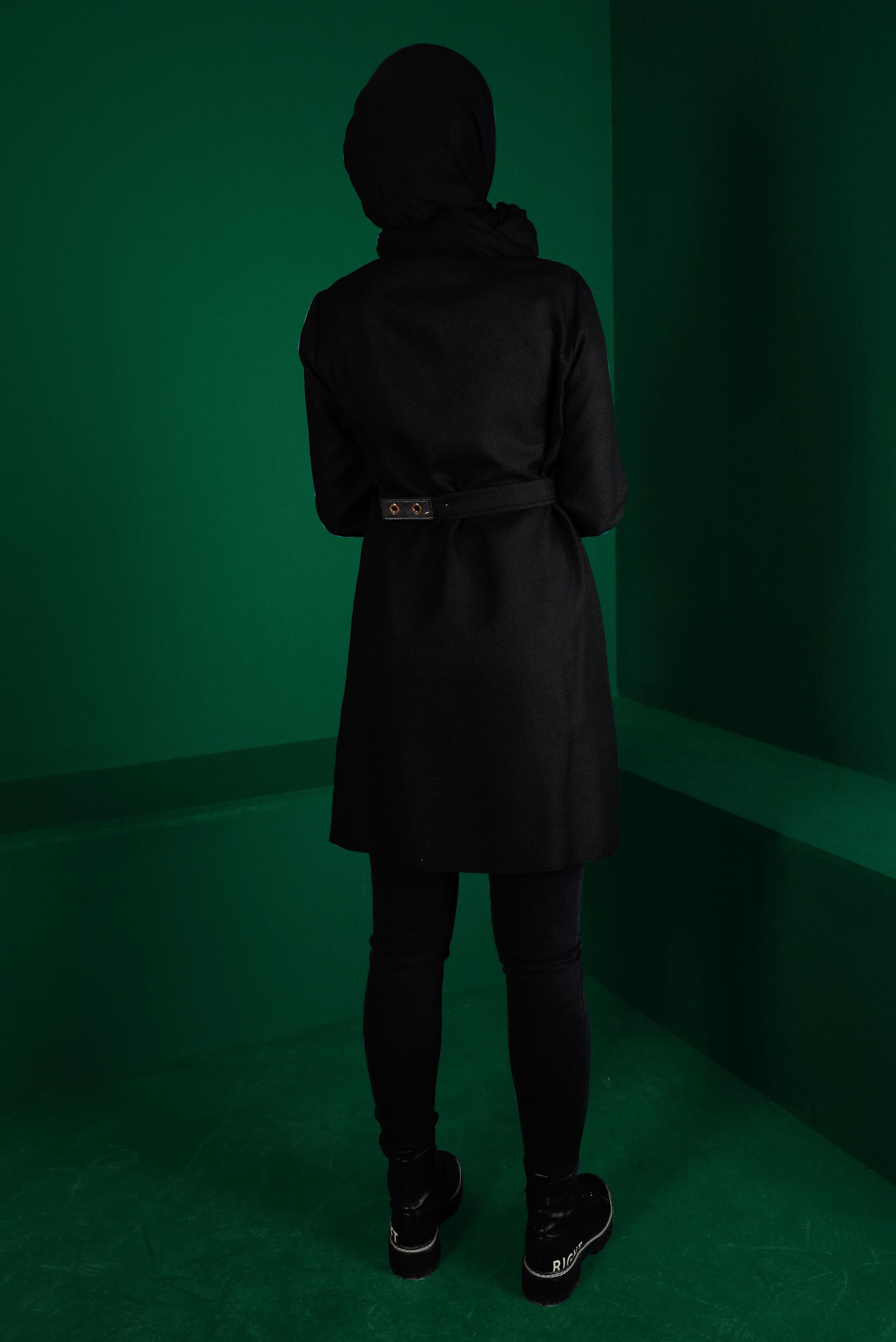 Tesettür giyim SİYAH GİZLİ DÜĞMELİ KEMERLİ TUNİK 43324 