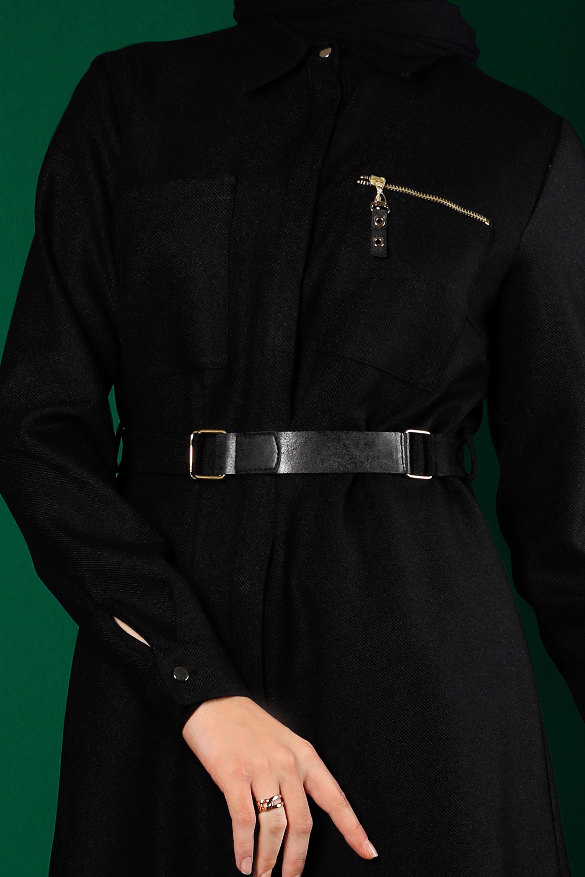 Tesettür giyim SİYAH GİZLİ DÜĞMELİ KEMERLİ TUNİK 43324 