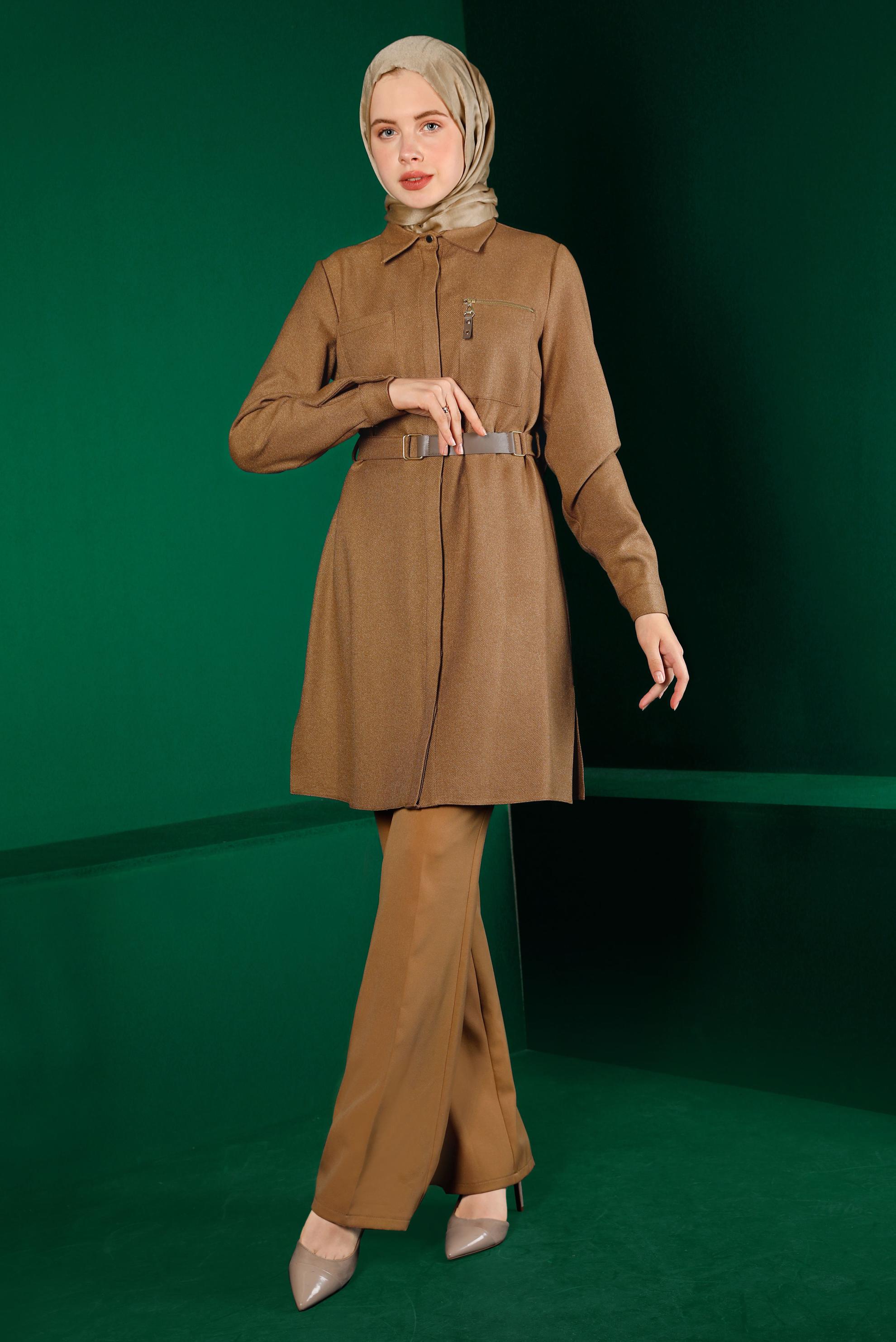 Tesettür giyim KAHVE GİZLİ DÜĞMELİ KEMERLİ TUNİK 43324 