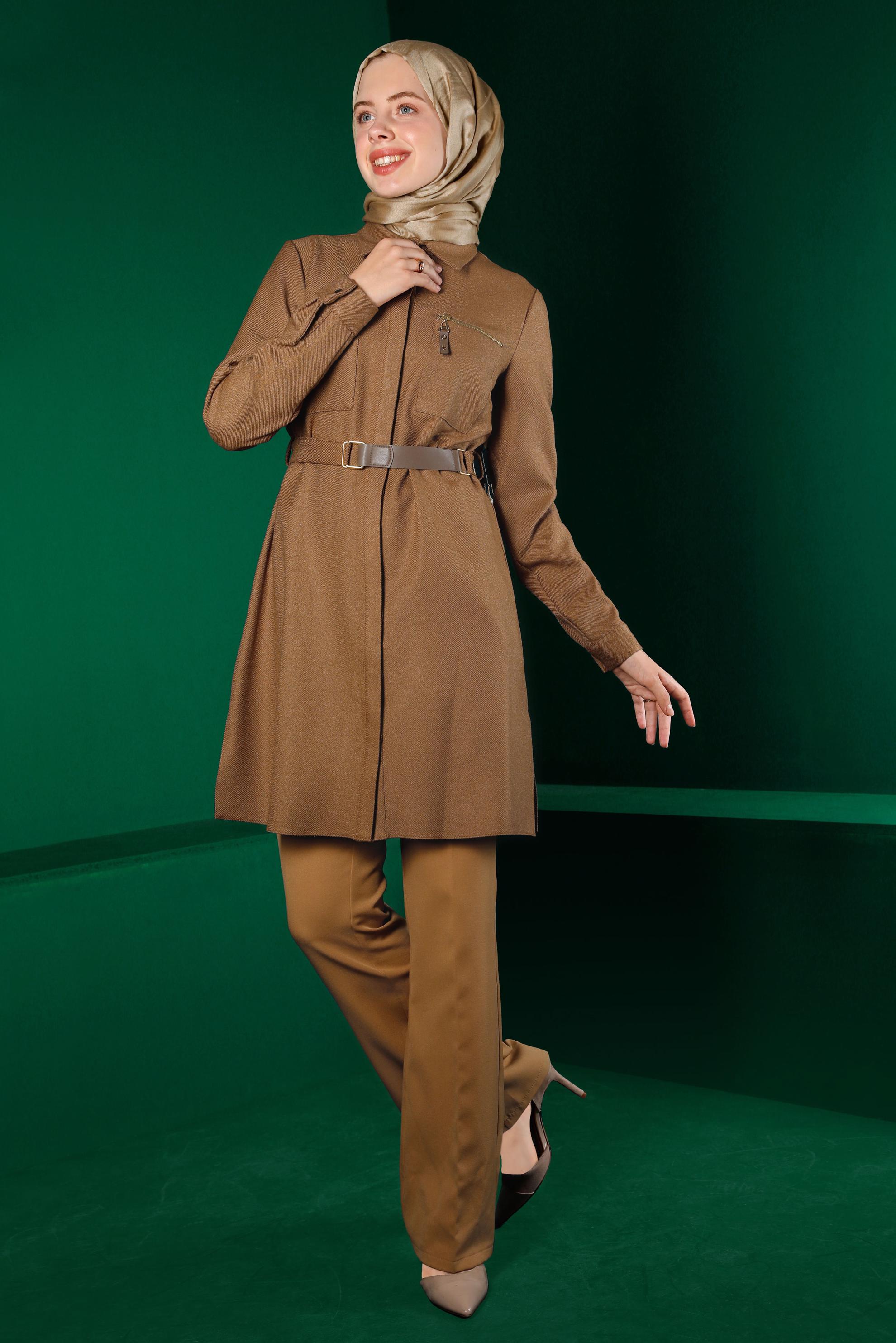 Tesettür giyim KAHVE GİZLİ DÜĞMELİ KEMERLİ TUNİK 43324 