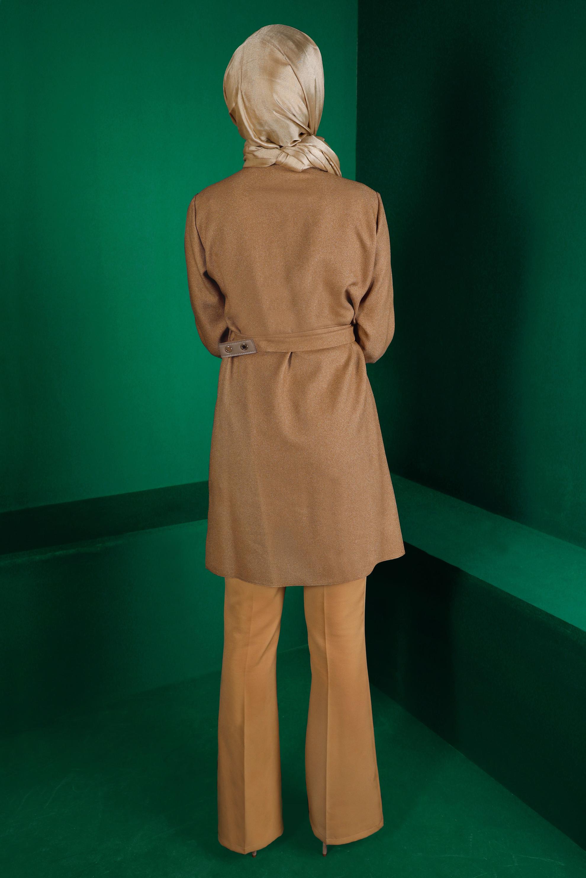 Tesettür giyim KAHVE GİZLİ DÜĞMELİ KEMERLİ TUNİK 43324 