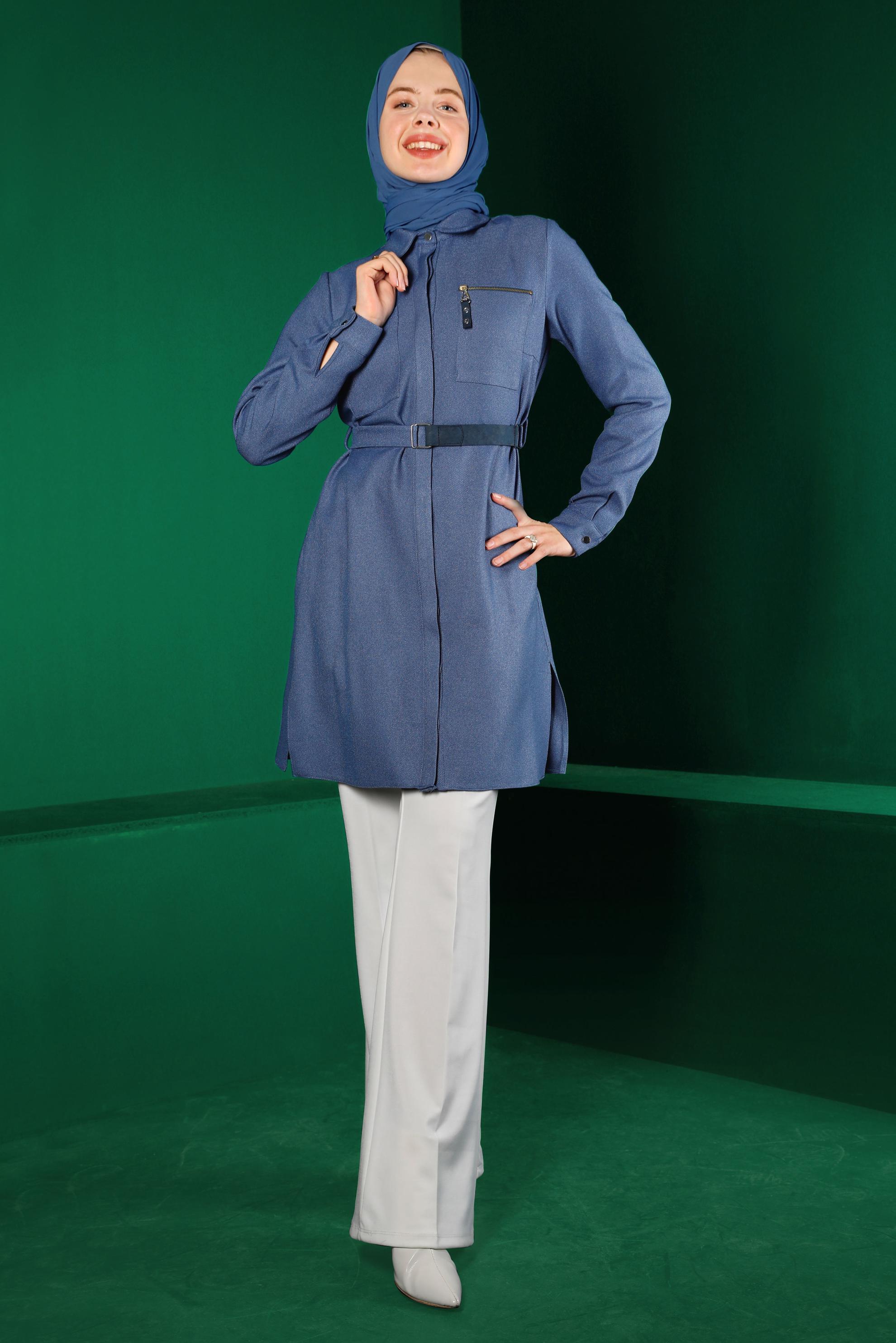 Tesettür giyim LACİVERT GİZLİ DÜĞMELİ KEMERLİ TUNİK 43324 