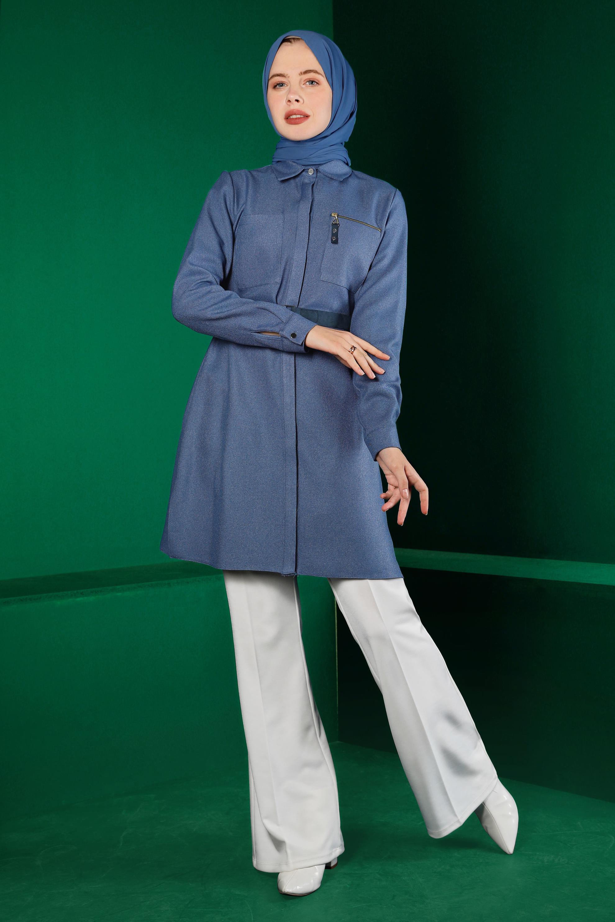 Tesettür giyim LACİVERT GİZLİ DÜĞMELİ KEMERLİ TUNİK 43324 