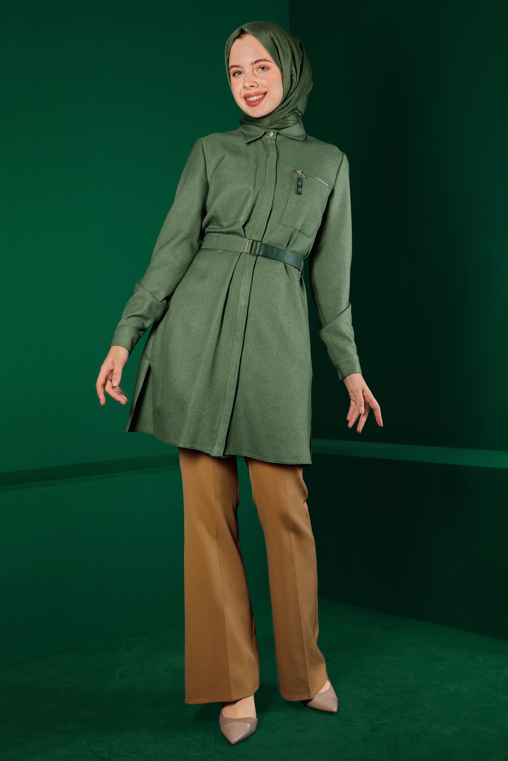 Tesettür giyim YEŞİL GİZLİ DÜĞMELİ KEMERLİ TUNİK 43324 