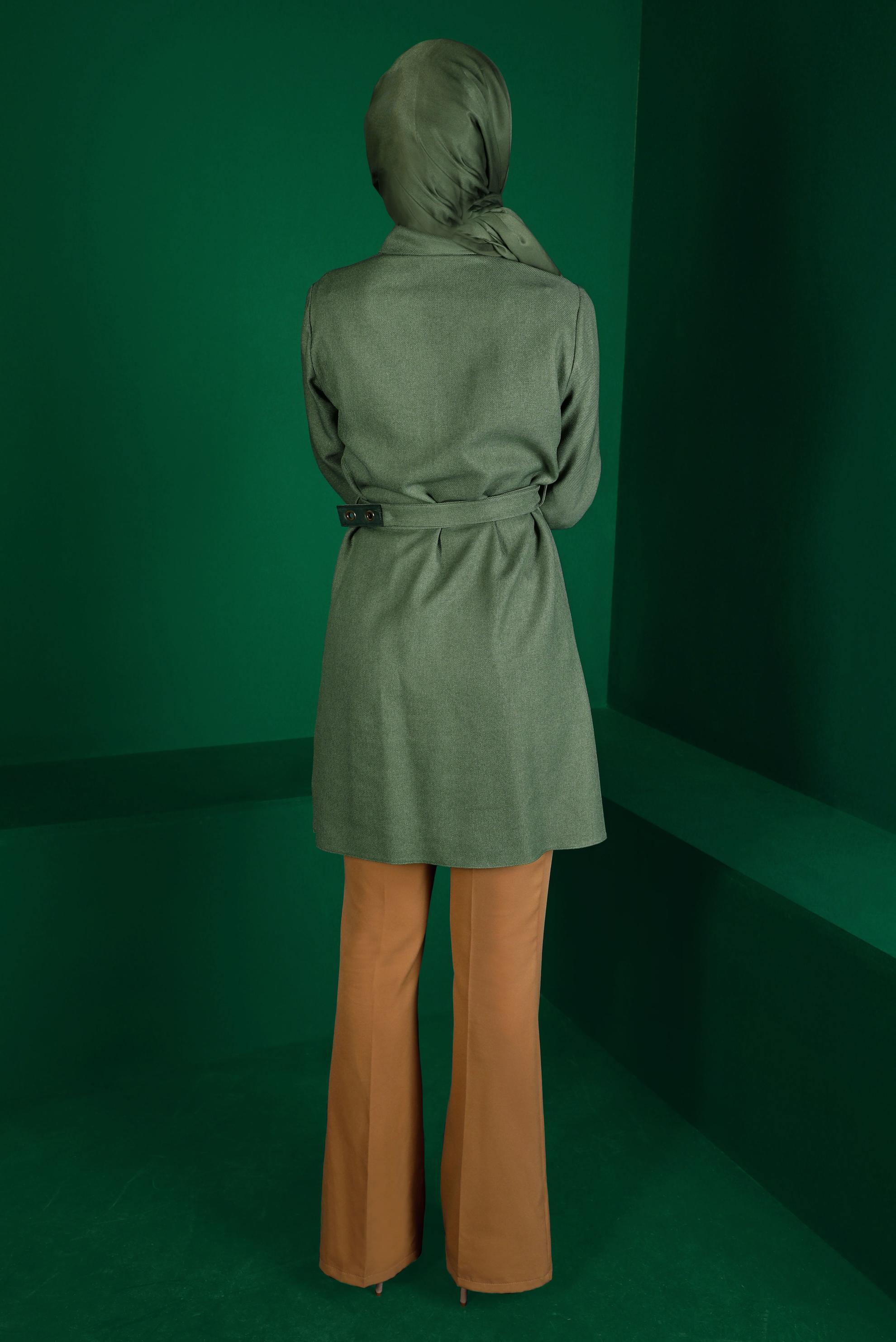 Tesettür giyim YEŞİL GİZLİ DÜĞMELİ KEMERLİ TUNİK 43324 