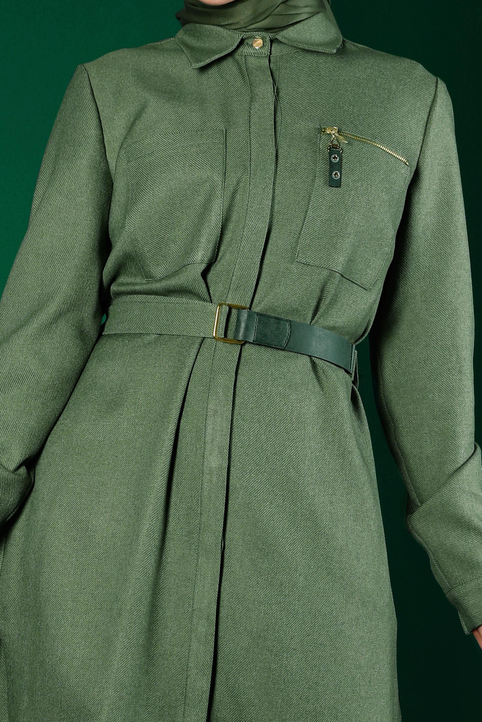 Tesettür giyim YEŞİL GİZLİ DÜĞMELİ KEMERLİ TUNİK 43324 