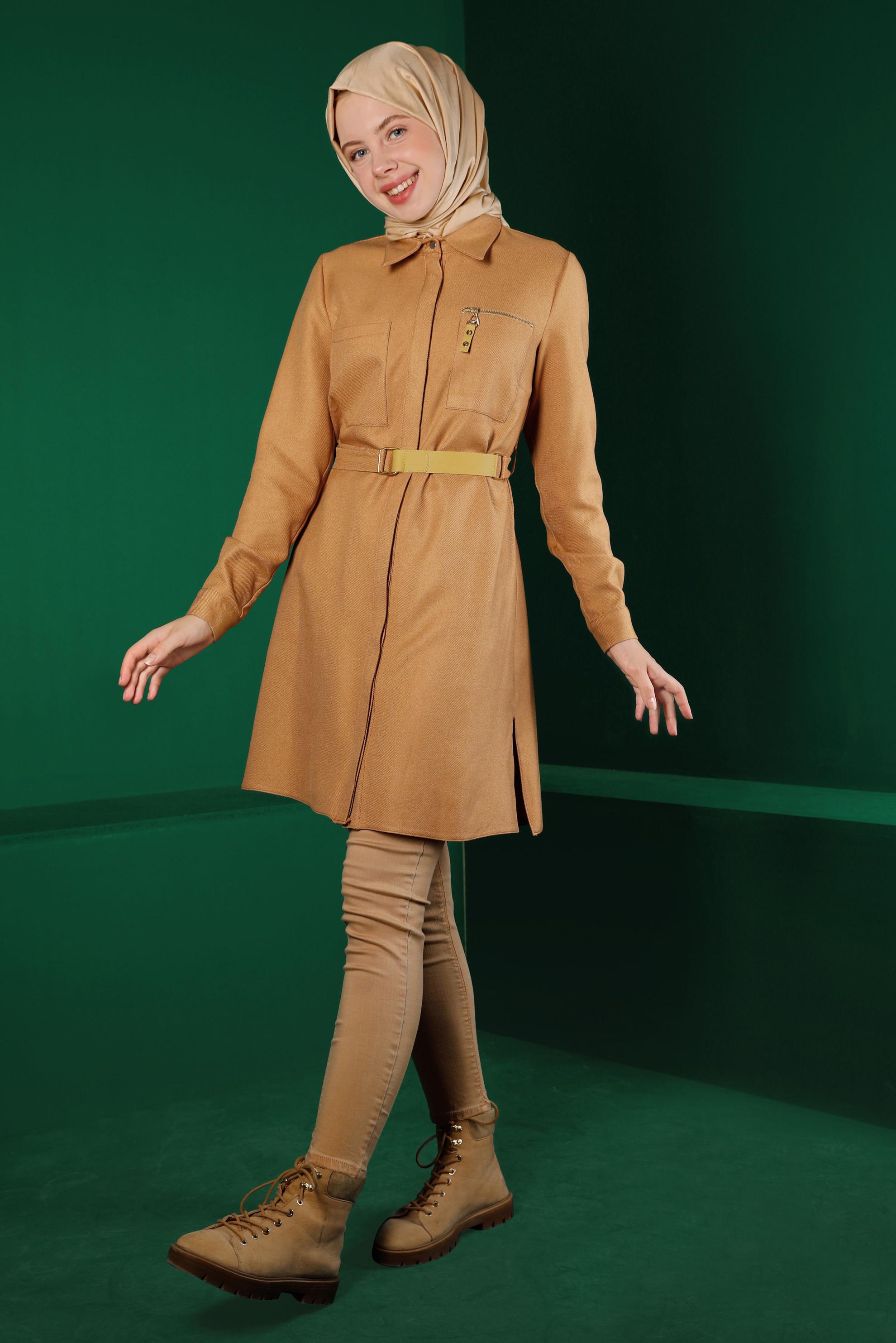 Tesettür giyim TURUNCU GİZLİ DÜĞMELİ KEMERLİ TUNİK 43324 