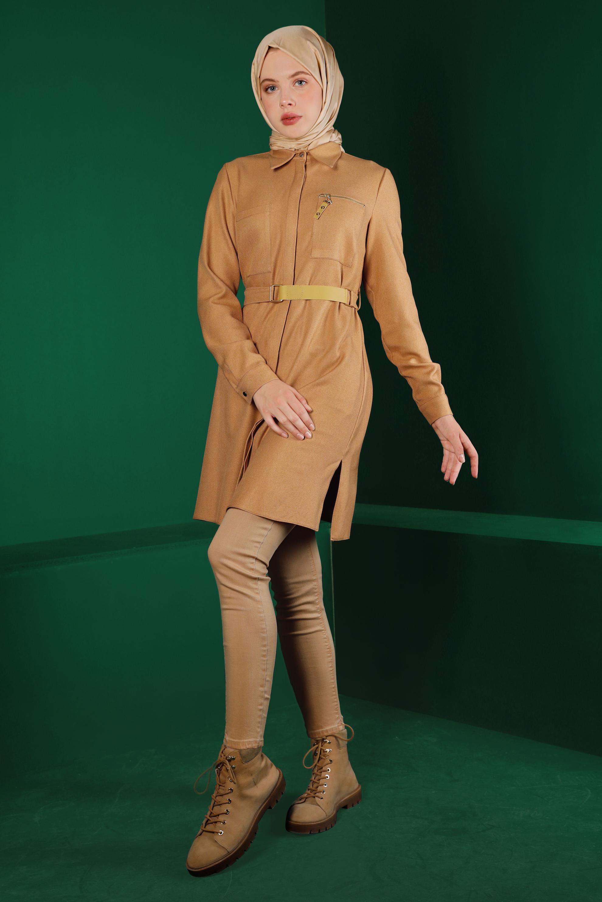 Tesettür giyim TURUNCU GİZLİ DÜĞMELİ KEMERLİ TUNİK 43324 