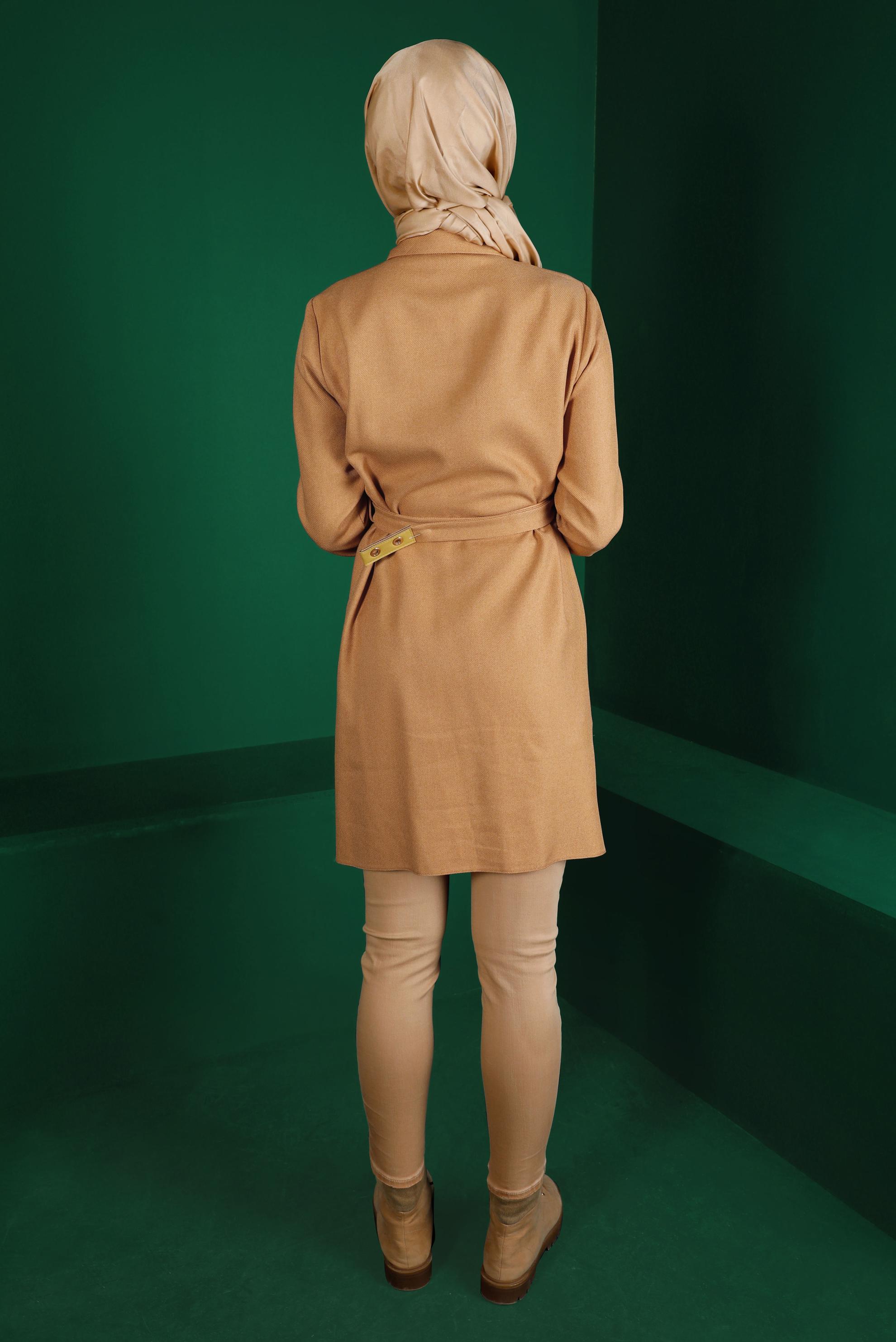 Tesettür giyim TURUNCU GİZLİ DÜĞMELİ KEMERLİ TUNİK 43324 