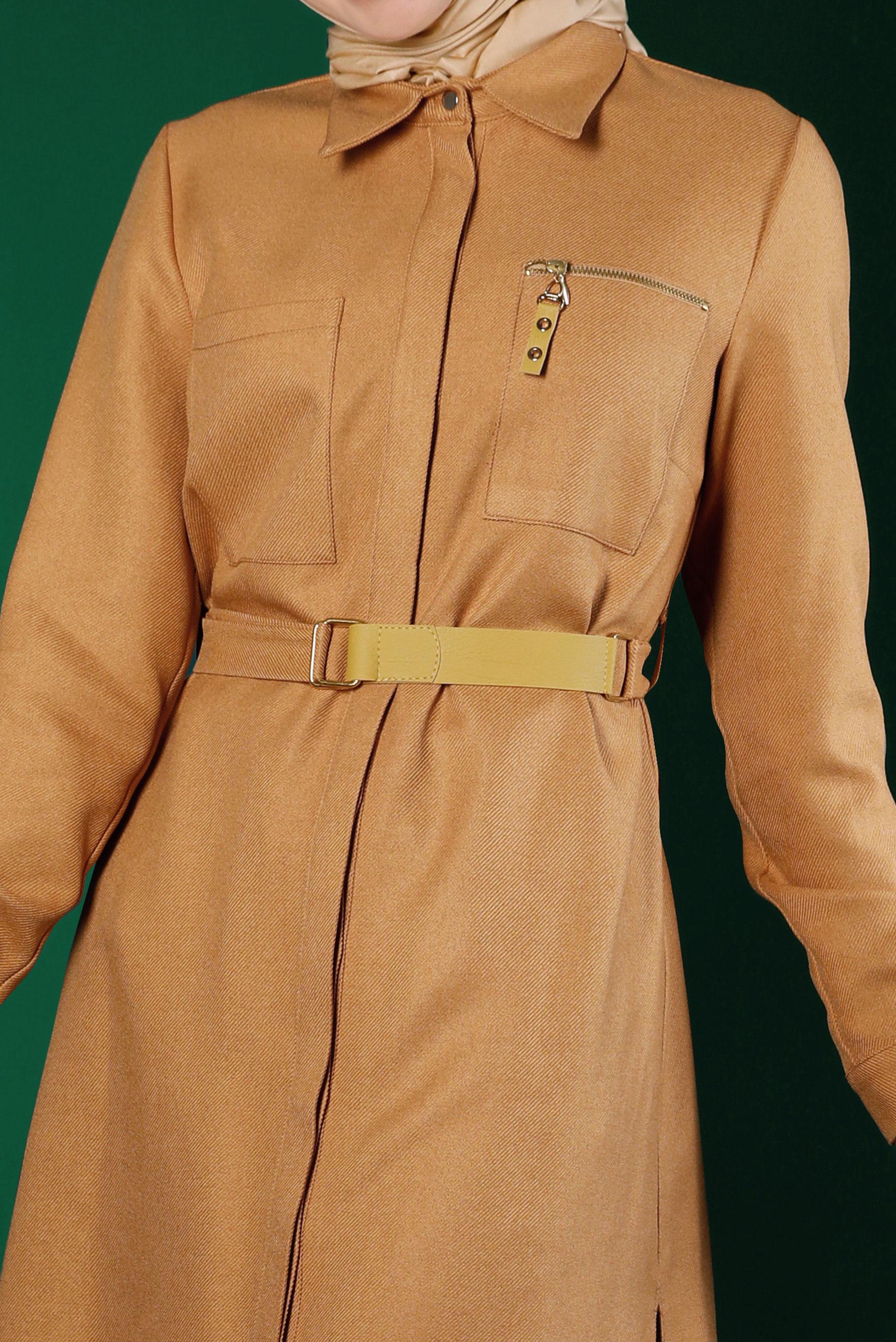 Tesettür giyim TURUNCU GİZLİ DÜĞMELİ KEMERLİ TUNİK 43324 