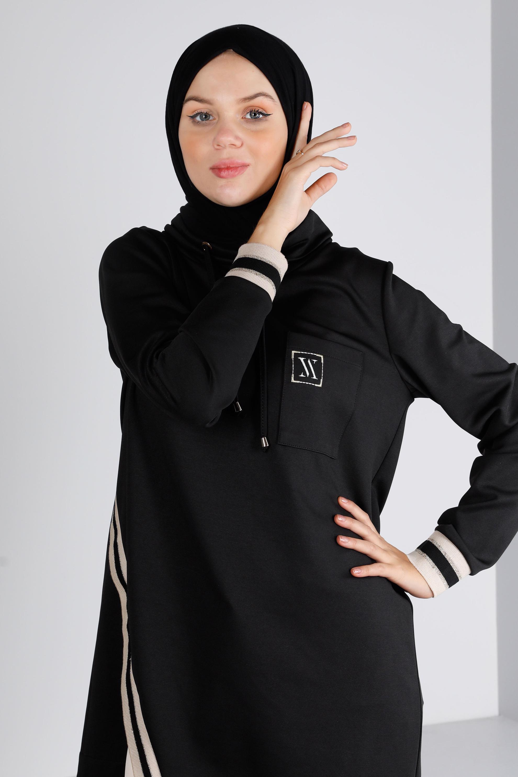 Tesettür giyim SİYAH RİBANALI BAĞCIKLI TUNİK 43355 