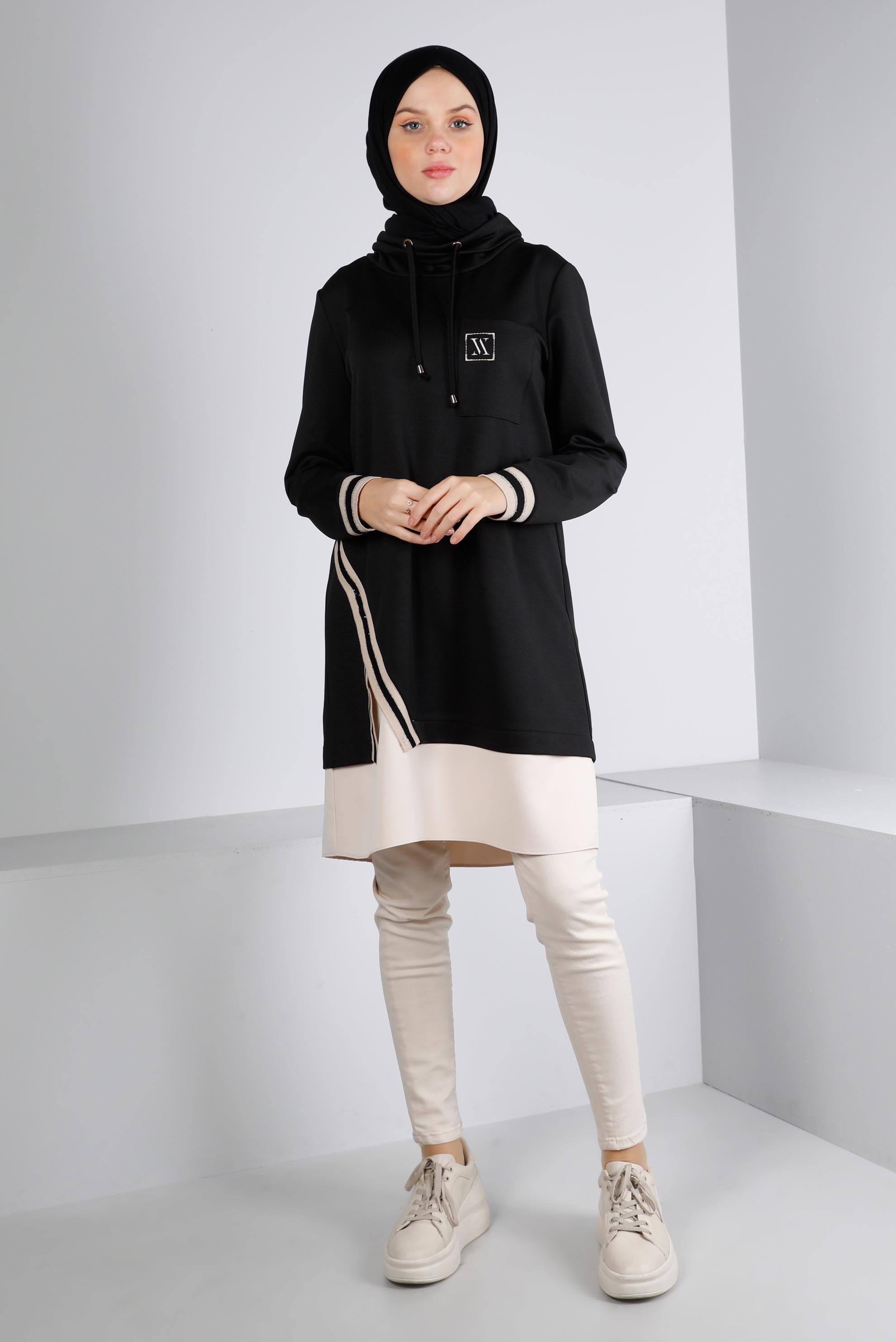 Tesettür giyim SİYAH RİBANALI BAĞCIKLI TUNİK 43355 