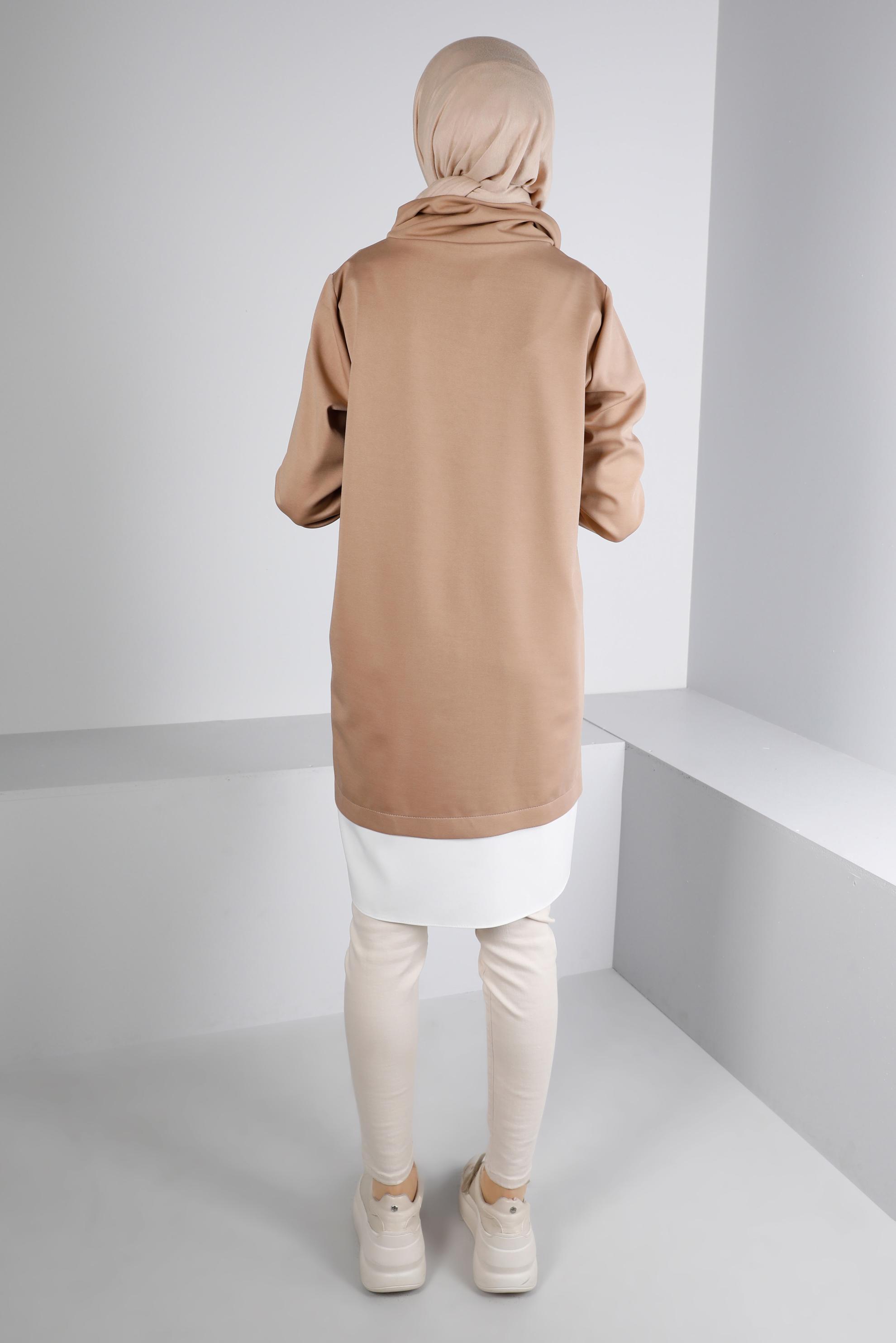 Tesettür giyim BEJ RİBANALI BAĞCIKLI TUNİK 43355 