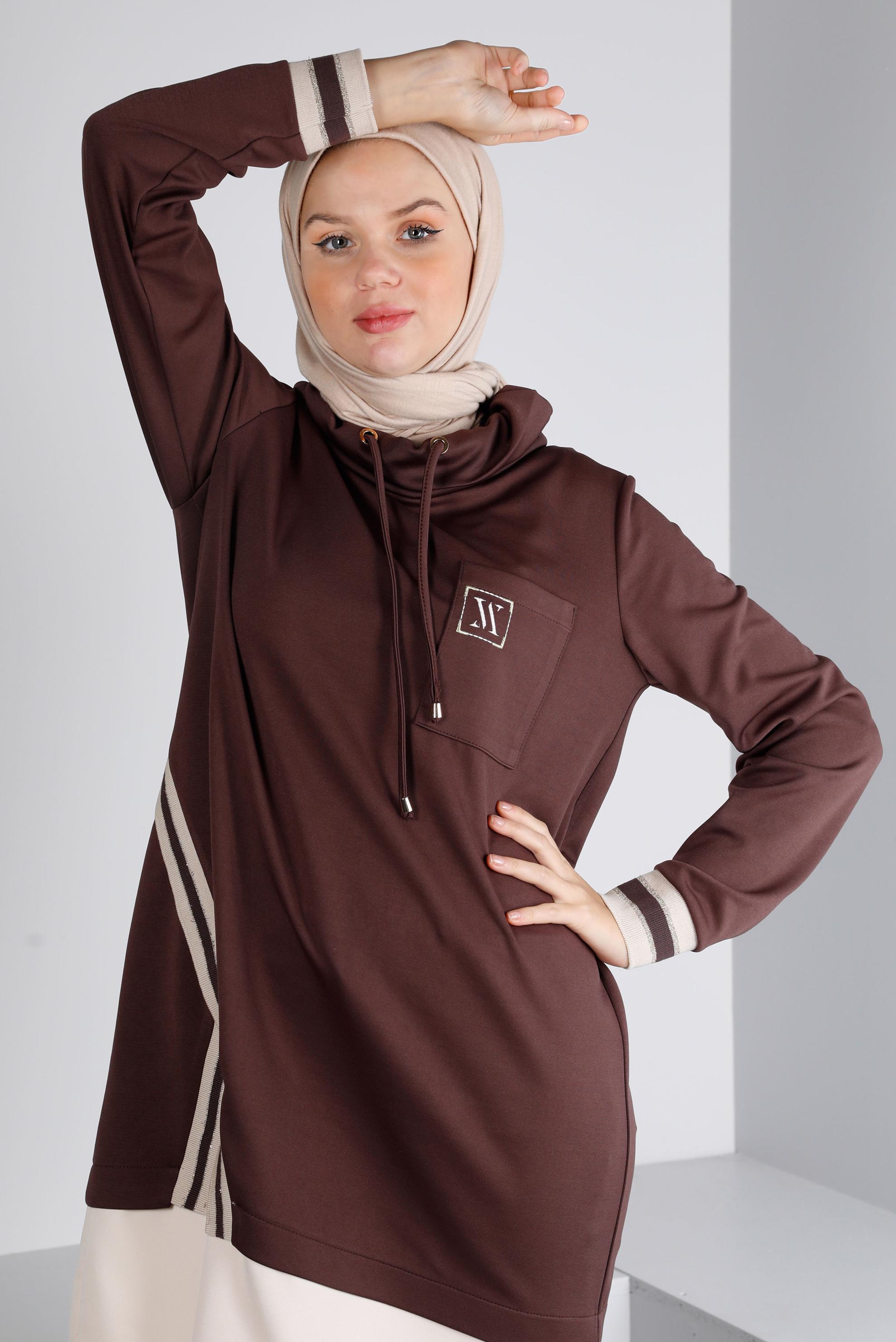 Tesettür giyim KAHVE RİBANALI BAĞCIKLI TUNİK 43355 