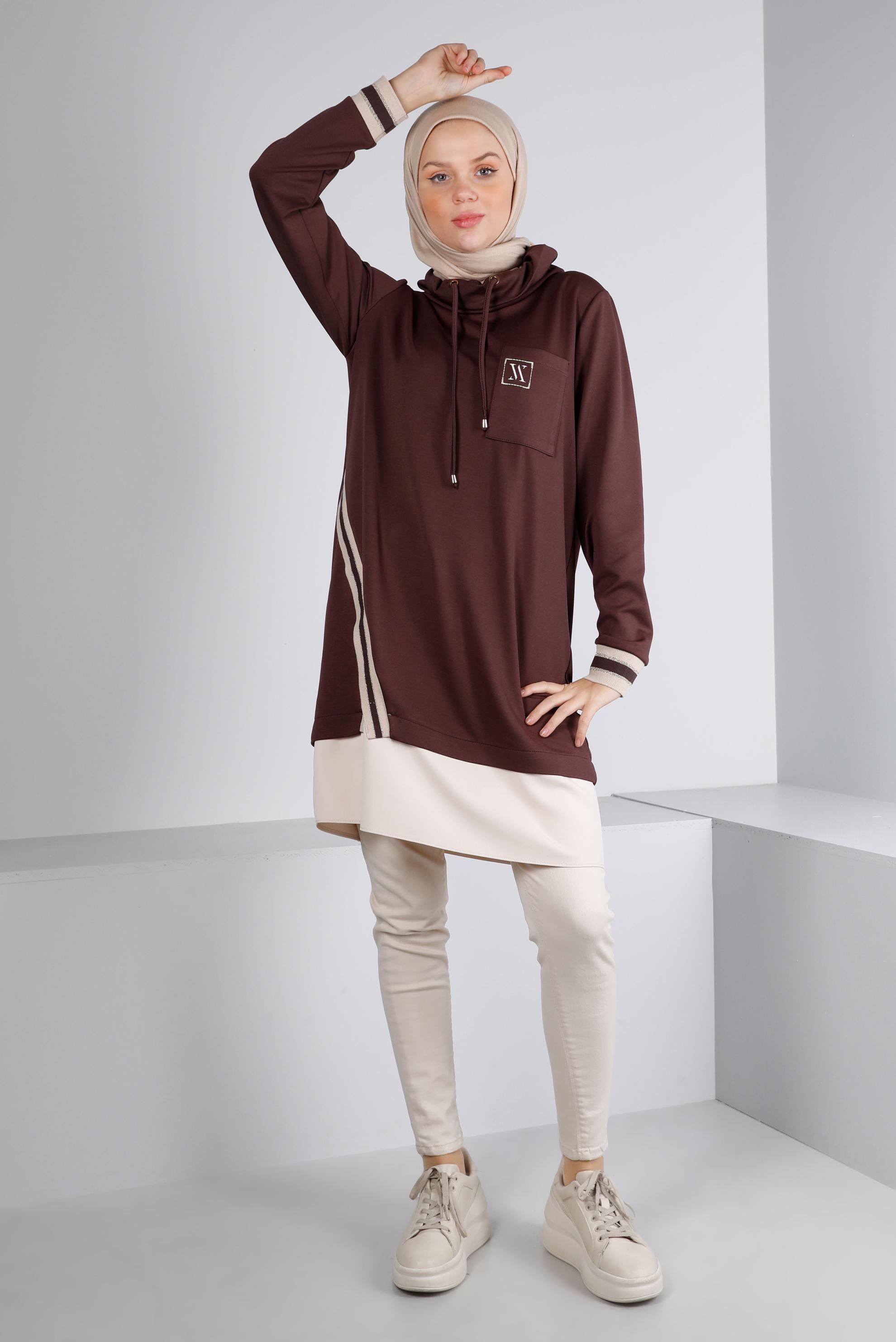 Tesettür giyim KAHVE RİBANALI BAĞCIKLI TUNİK 43355 