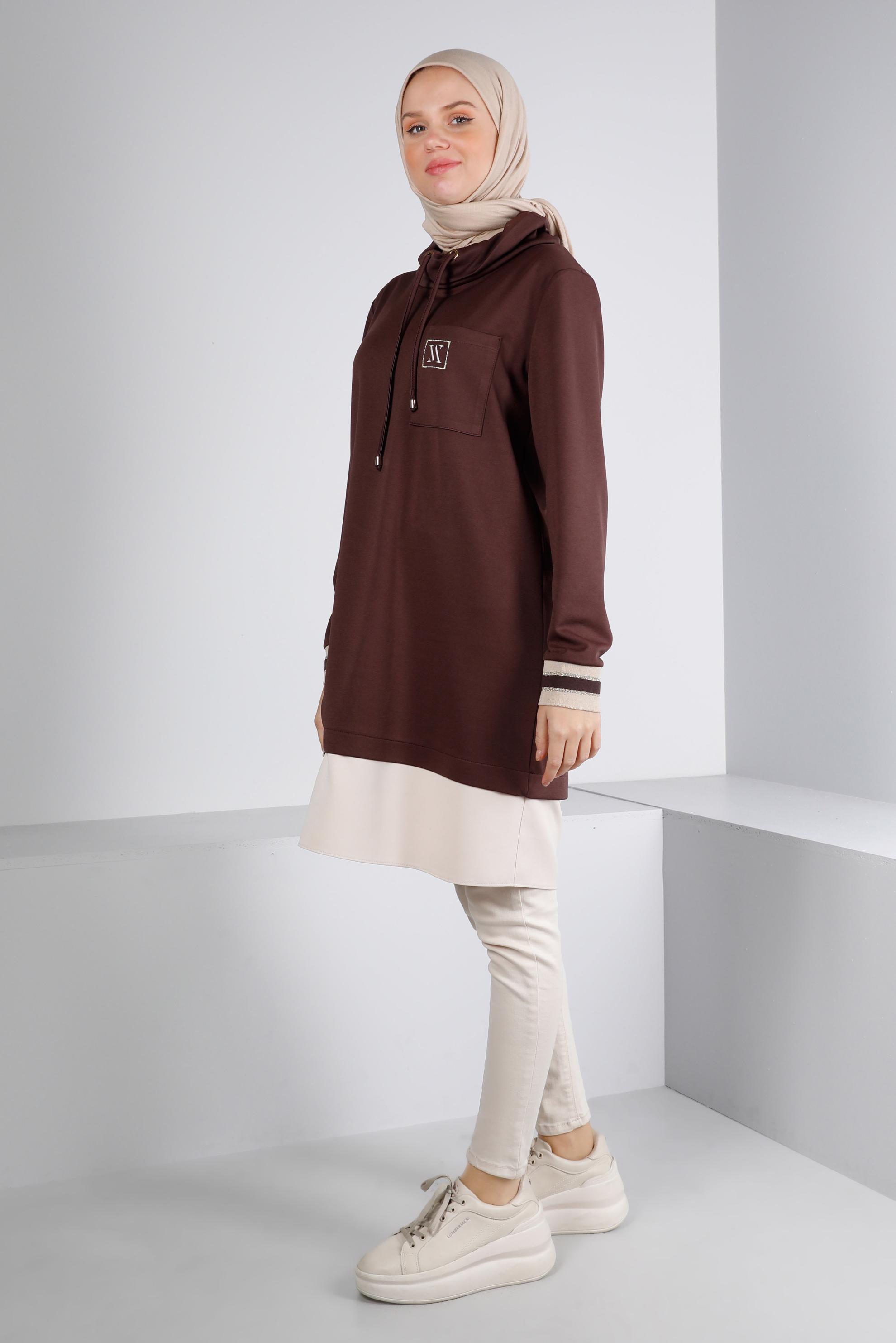 Tesettür giyim KAHVE RİBANALI BAĞCIKLI TUNİK 43355 