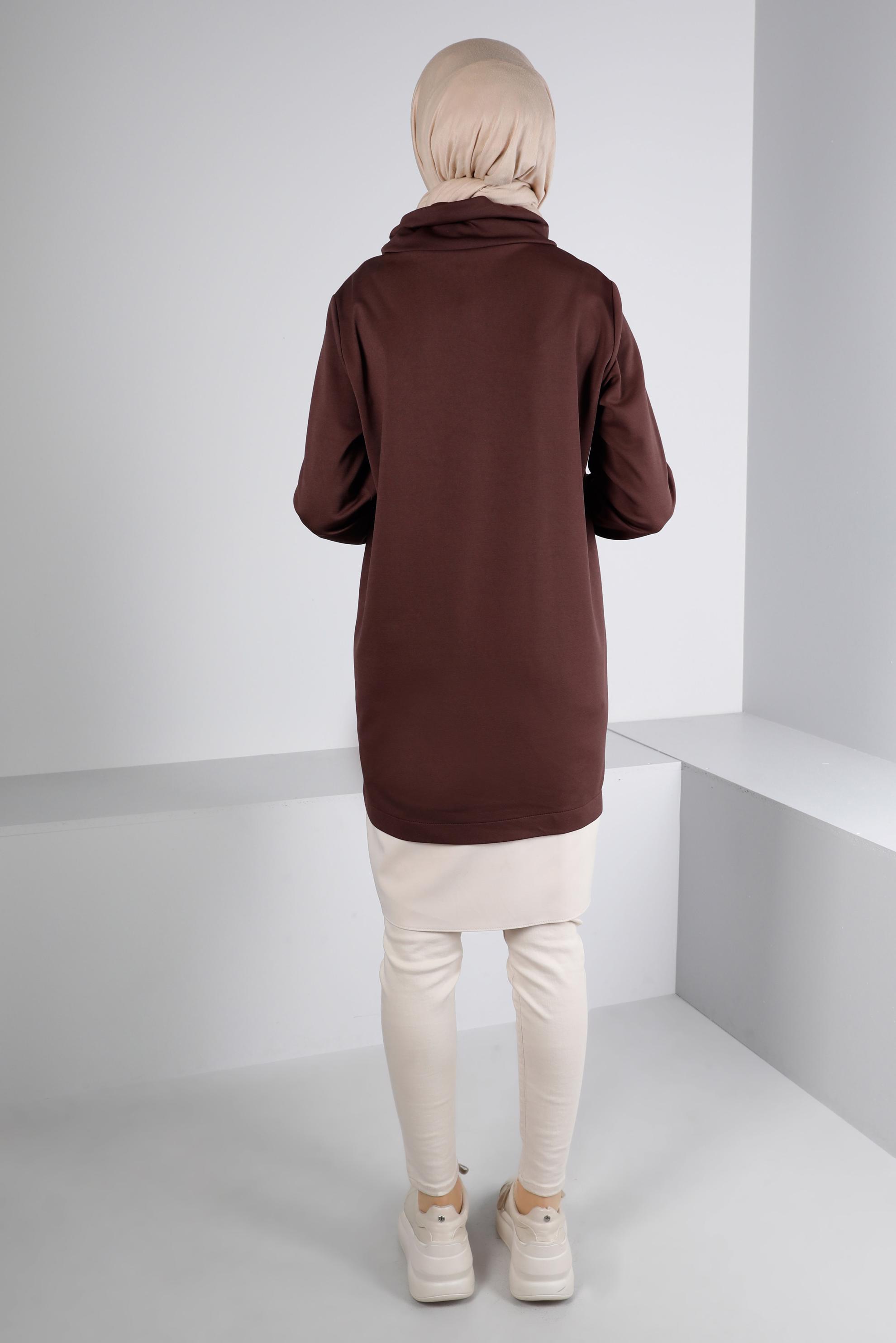 Tesettür giyim KAHVE RİBANALI BAĞCIKLI TUNİK 43355 