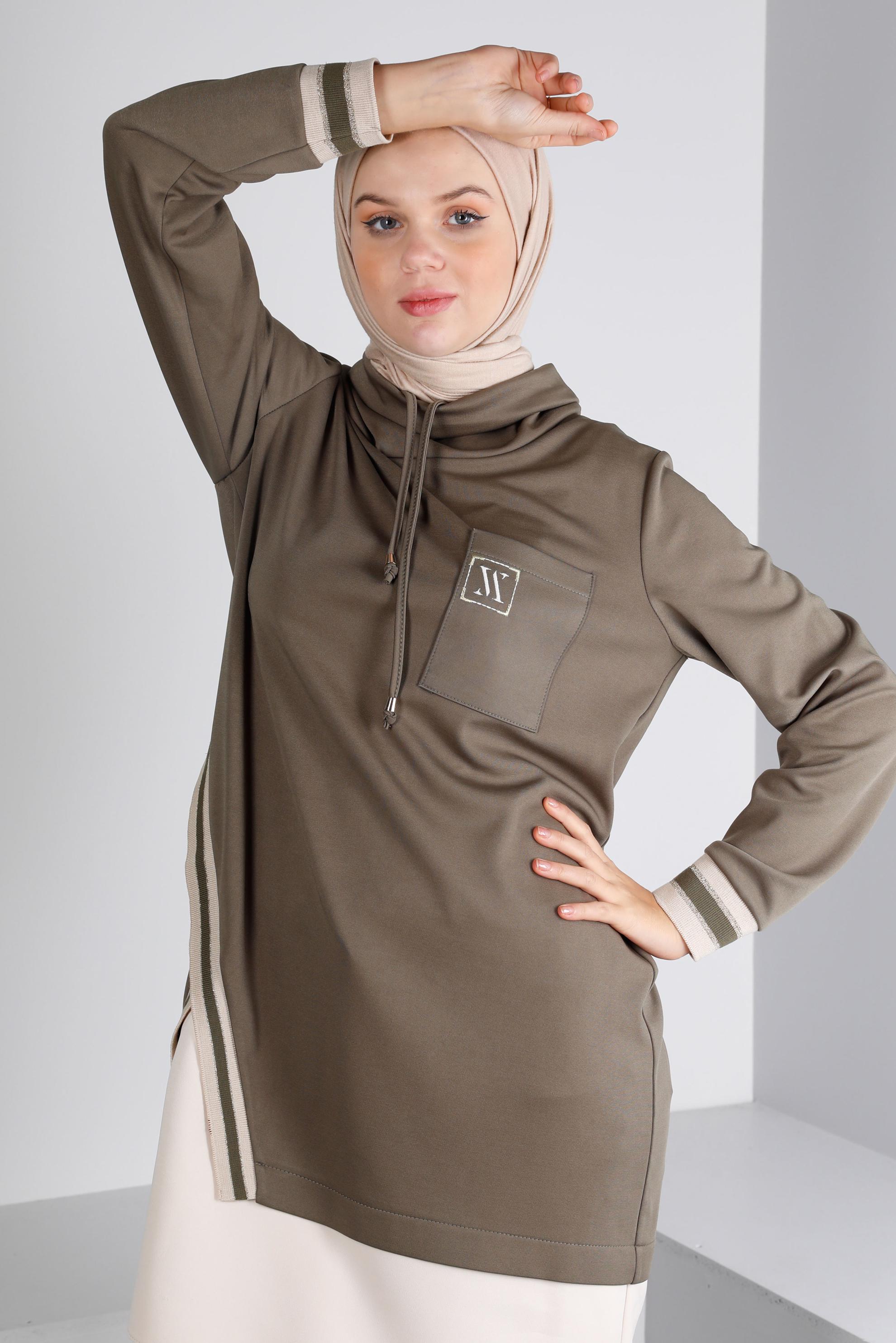 Tesettür giyim HAKİ RİBANALI BAĞCIKLI TUNİK 43355 