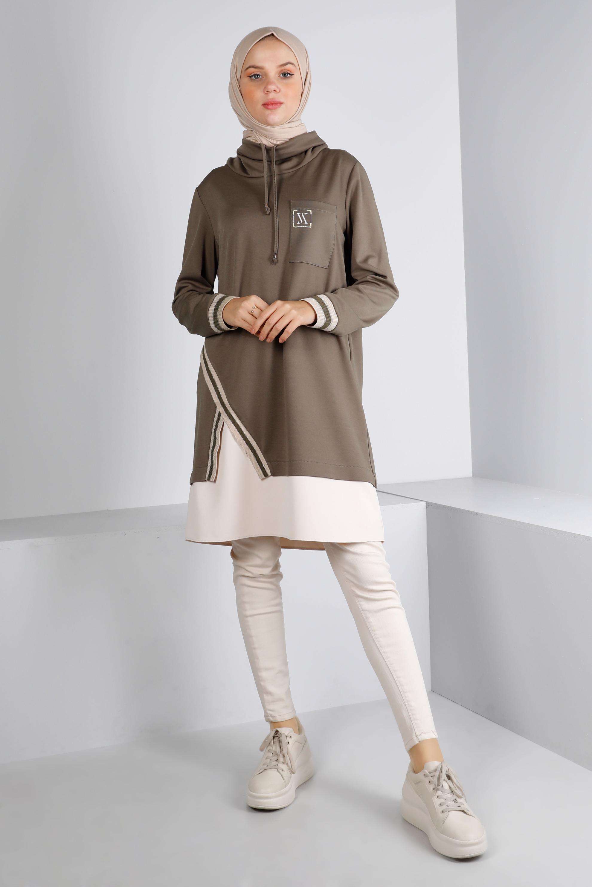 Tesettür giyim HAKİ RİBANALI BAĞCIKLI TUNİK 43355 