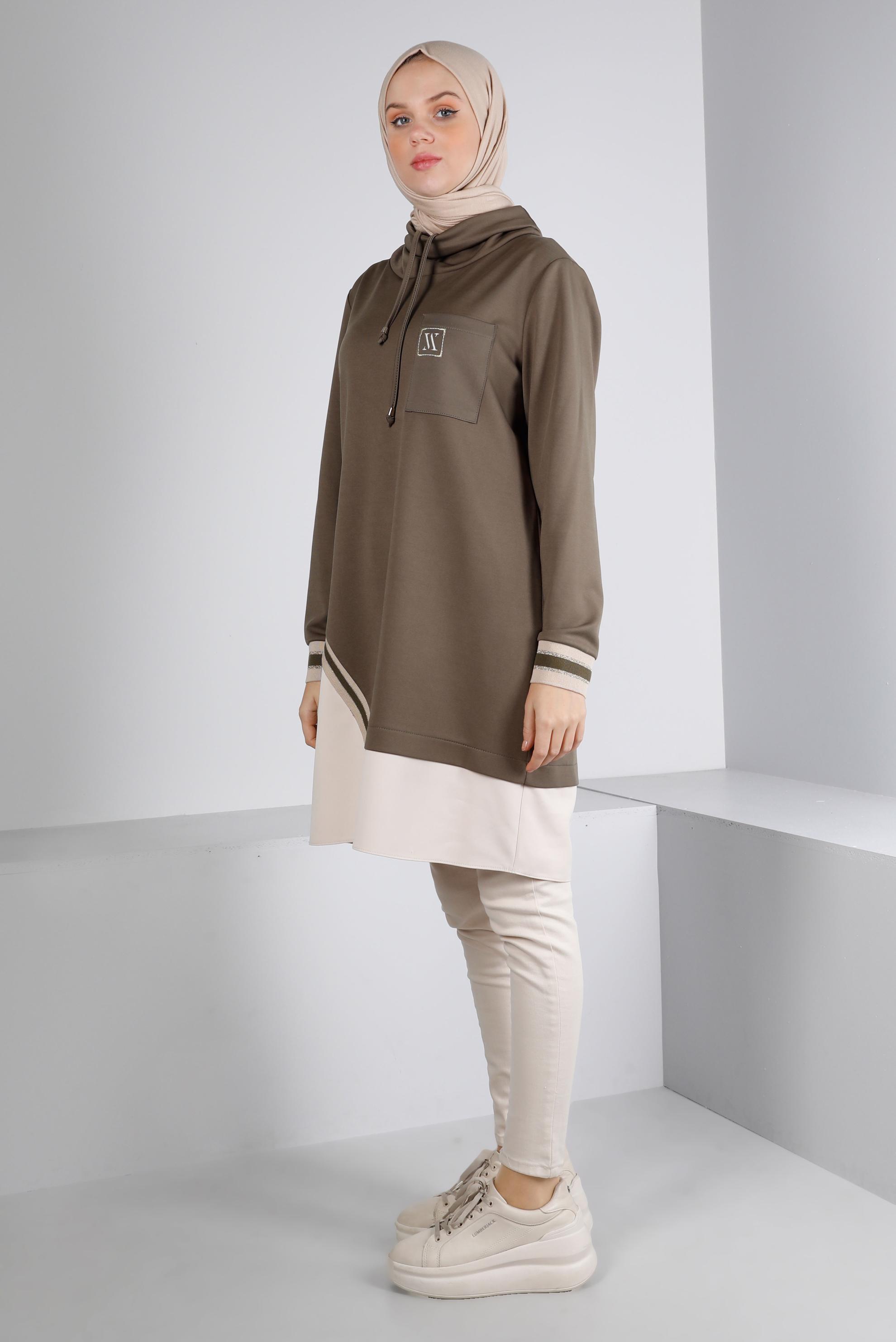 Tesettür giyim HAKİ RİBANALI BAĞCIKLI TUNİK 43355 