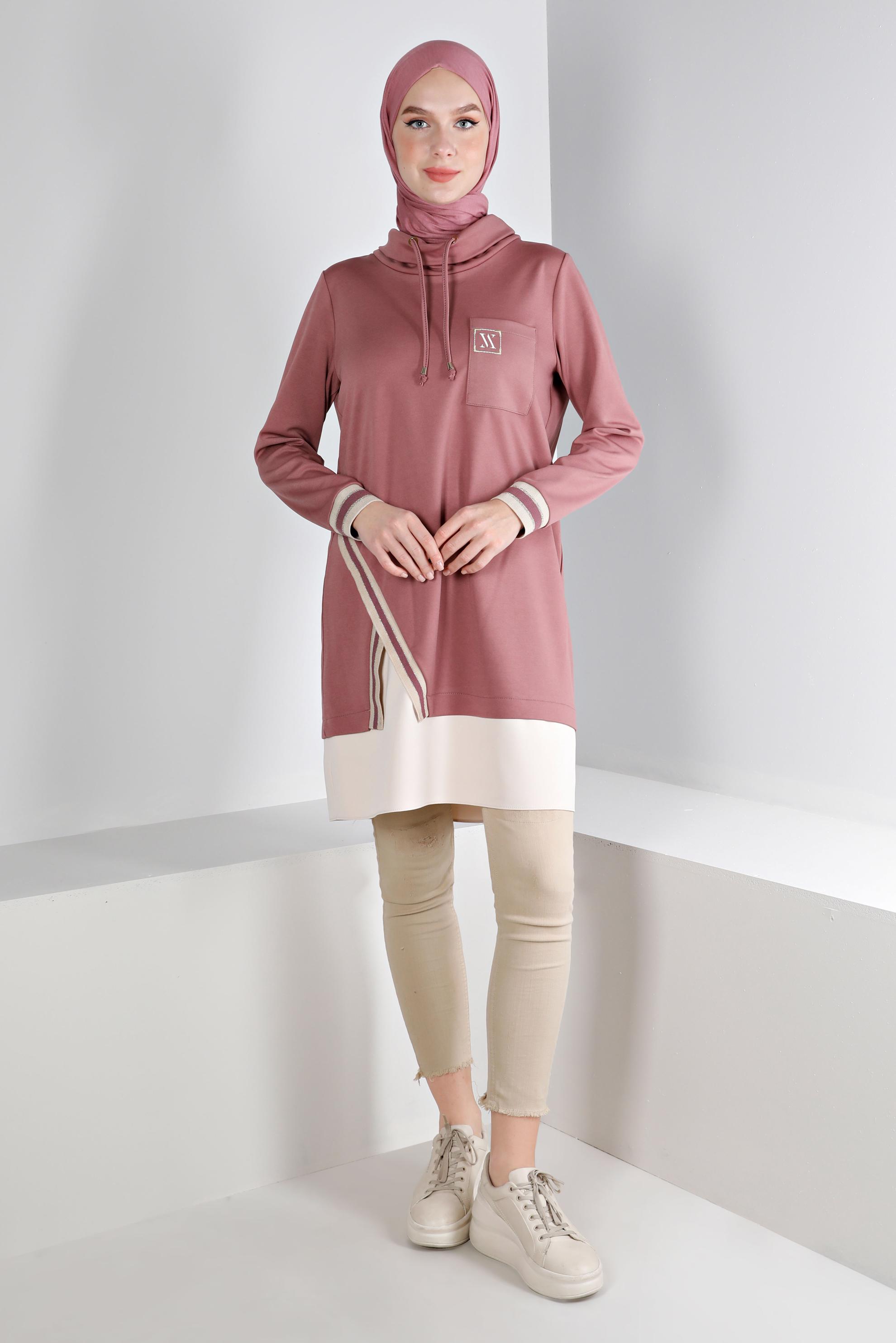 Tesettür giyim PEMBE RİBANALI BAĞCIKLI TUNİK 43355 