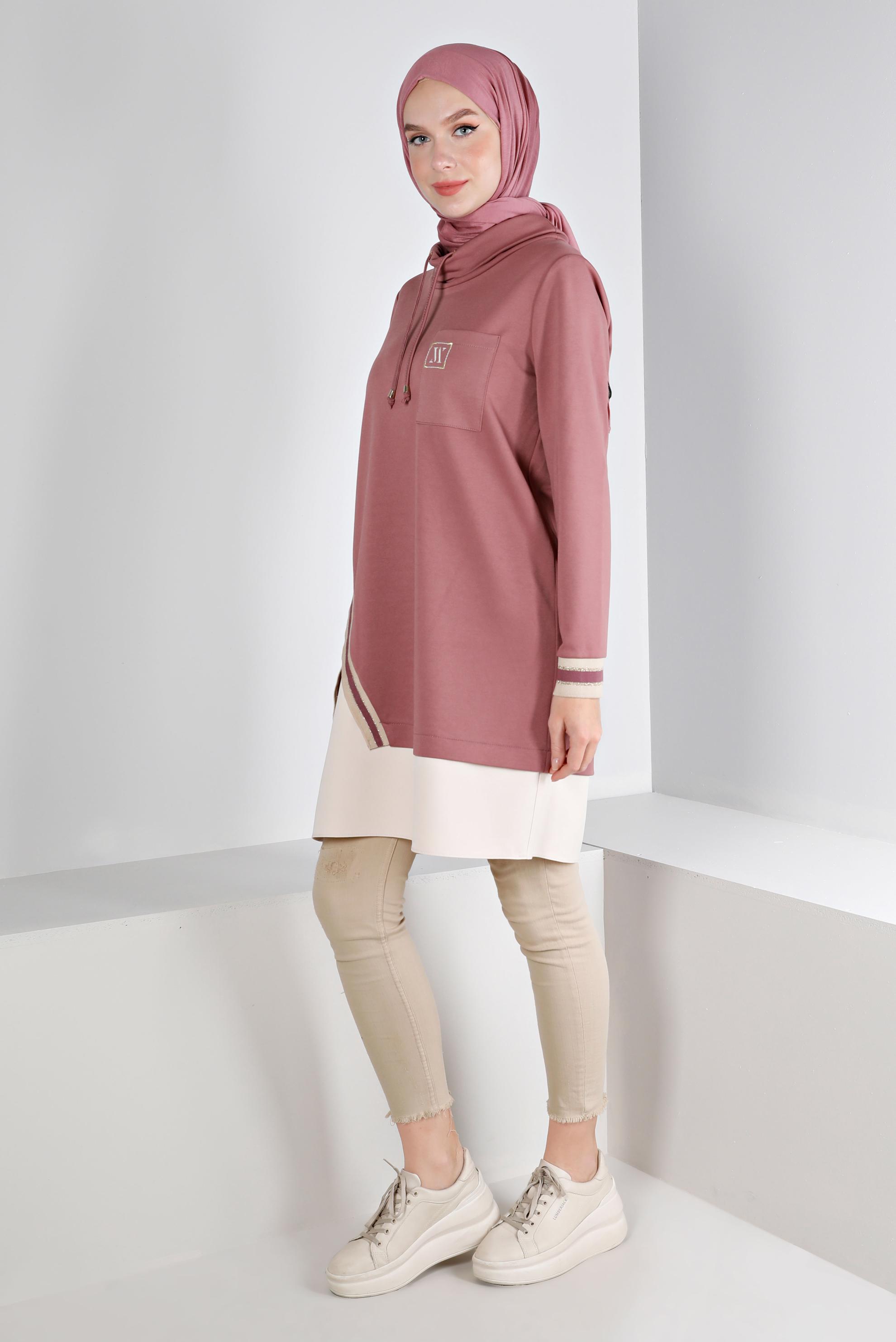 Tesettür giyim PEMBE RİBANALI BAĞCIKLI TUNİK 43355 