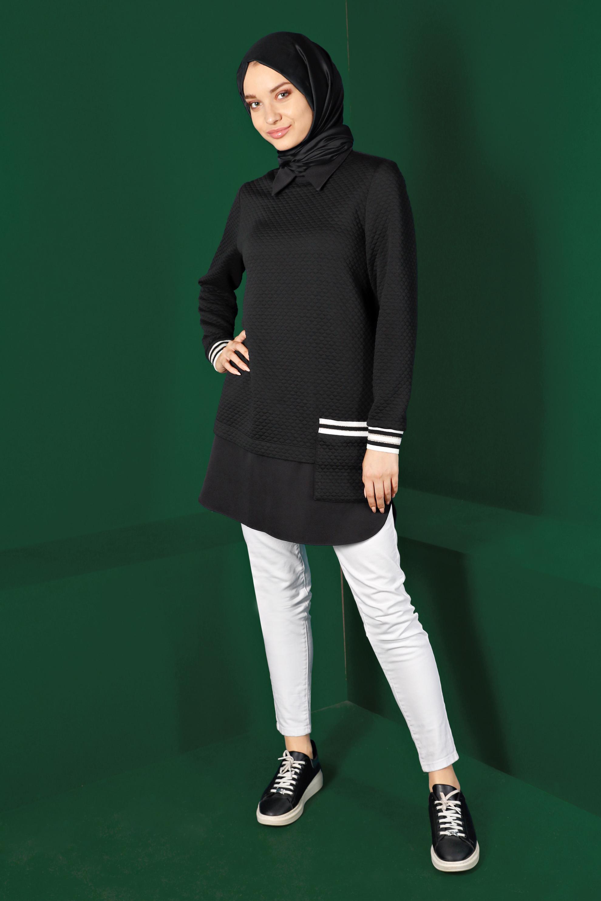 Tesettür giyim SİYAH KAPİTONE DESENLİ CEPLİ TUNİK 43356