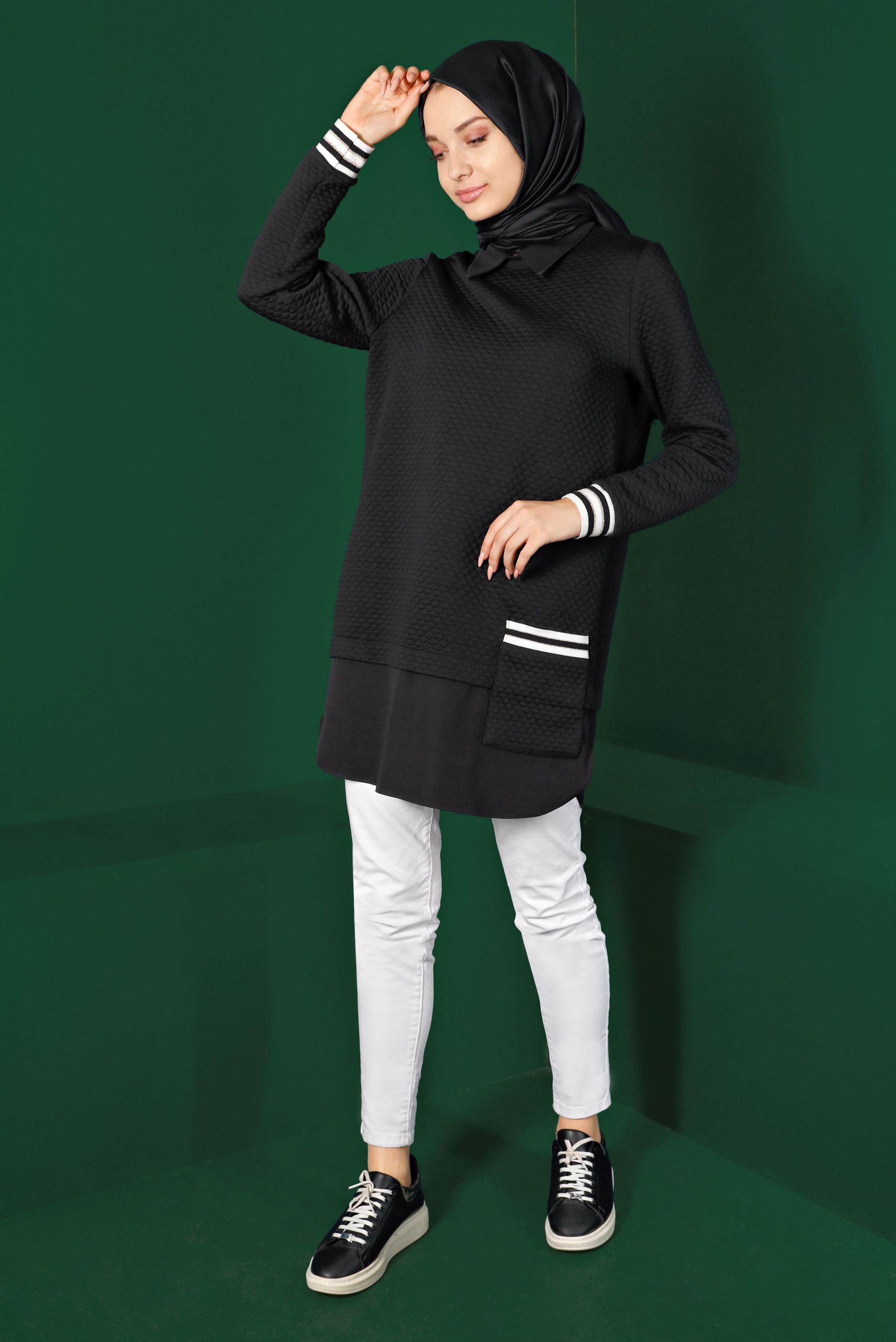 Tesettür giyim SİYAH KAPİTONE DESENLİ CEPLİ TUNİK 43356