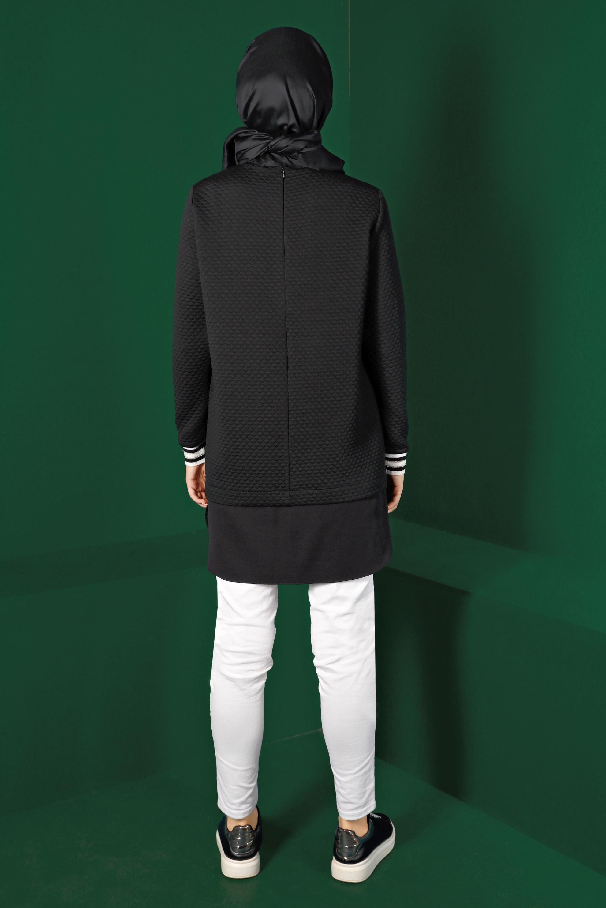 Tesettür giyim SİYAH KAPİTONE DESENLİ CEPLİ TUNİK 43356