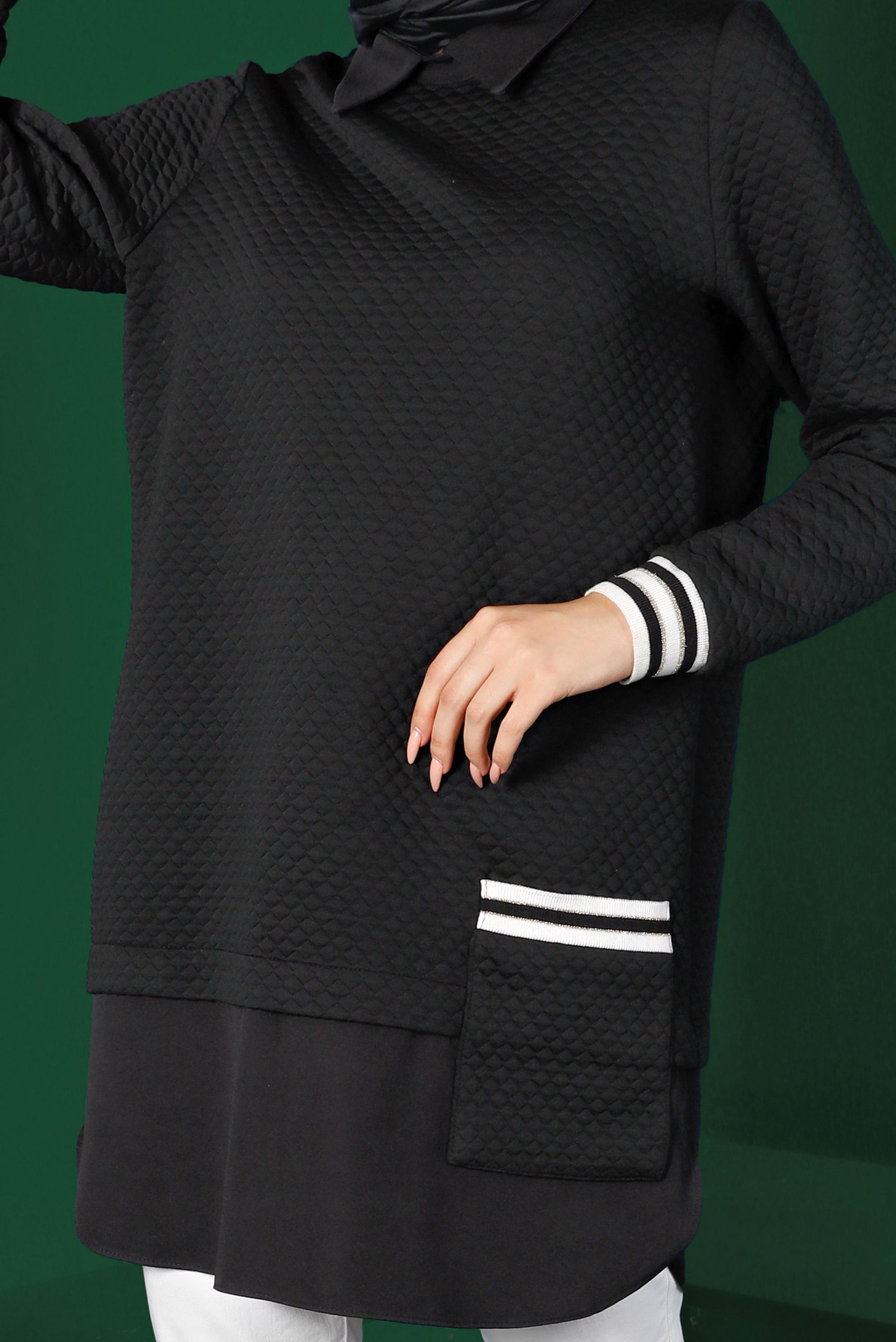 Tesettür giyim SİYAH KAPİTONE DESENLİ CEPLİ TUNİK 43356