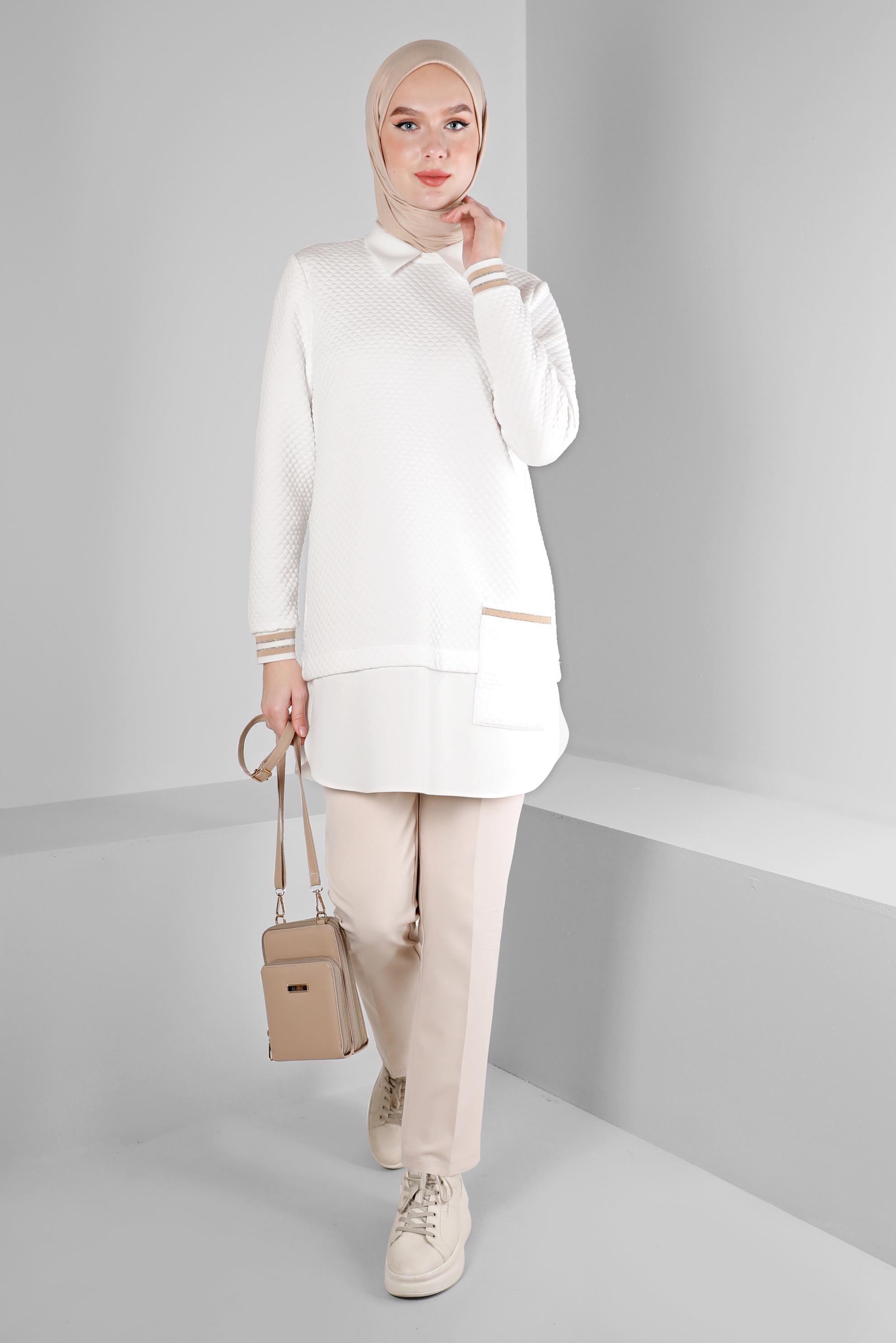 Tesettür giyim BEYAZ KAPİTONE DESENLİ CEPLİ TUNİK 43356