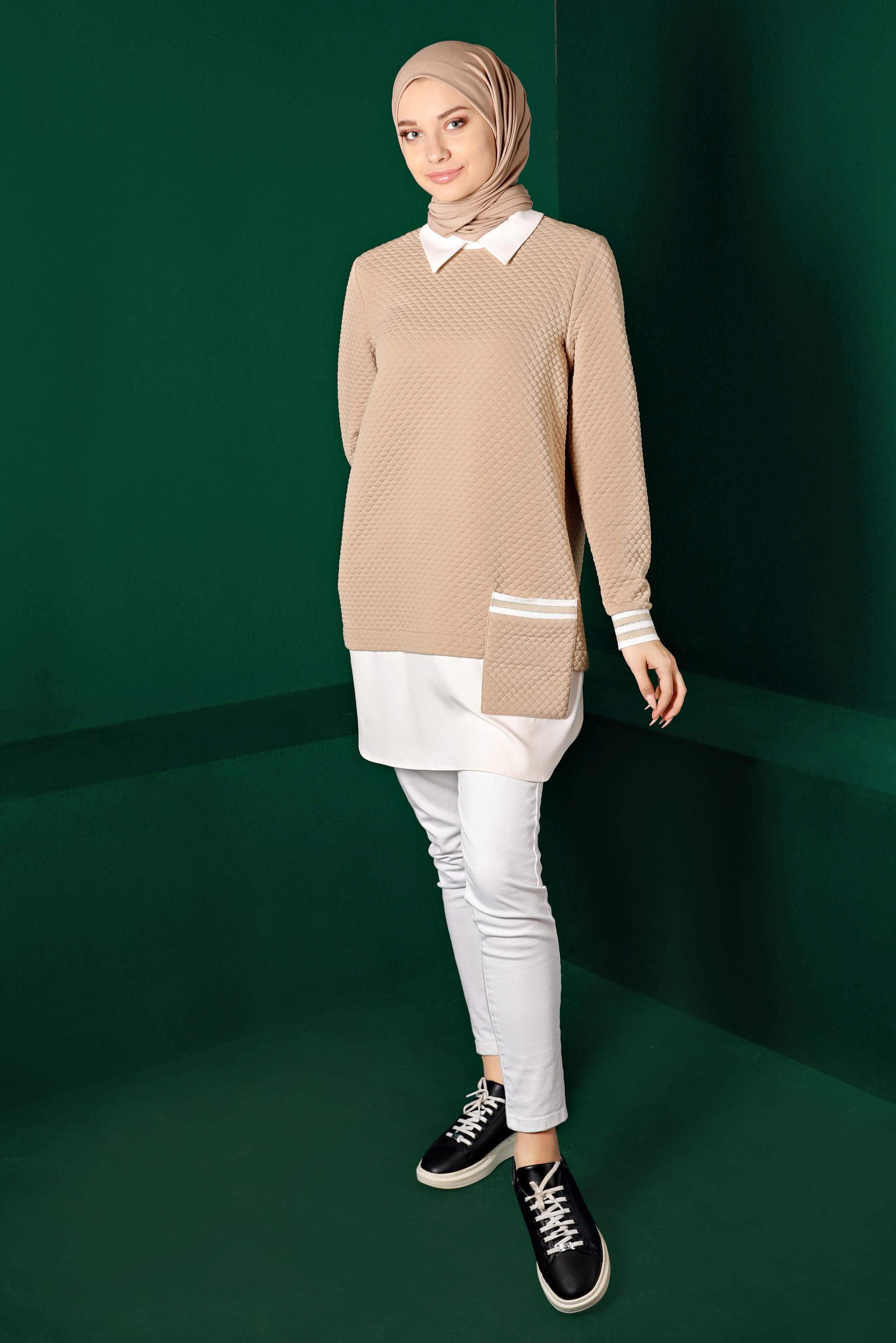 Tesettür giyim BEJ KAPİTONE DESENLİ CEPLİ TUNİK 43356