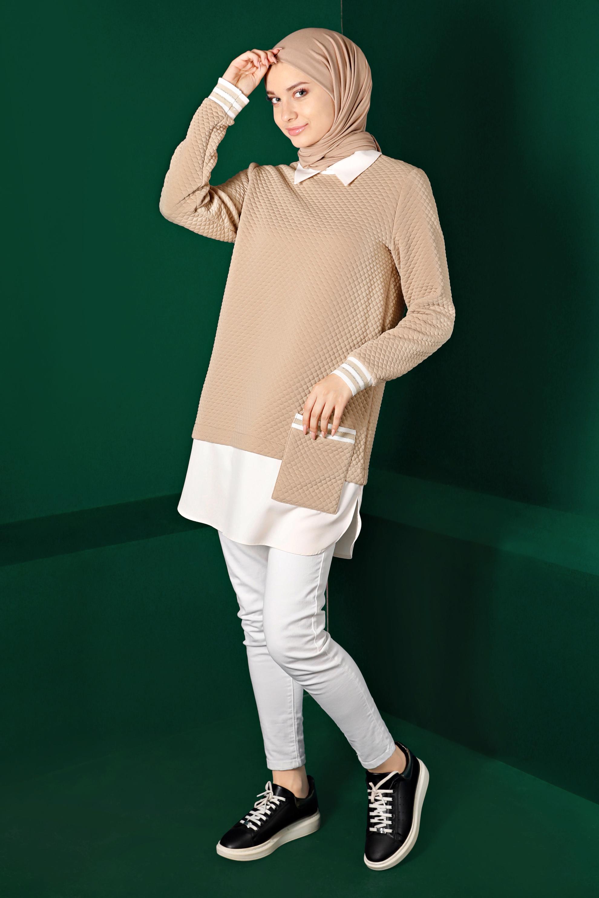 Tesettür giyim BEJ KAPİTONE DESENLİ CEPLİ TUNİK 43356