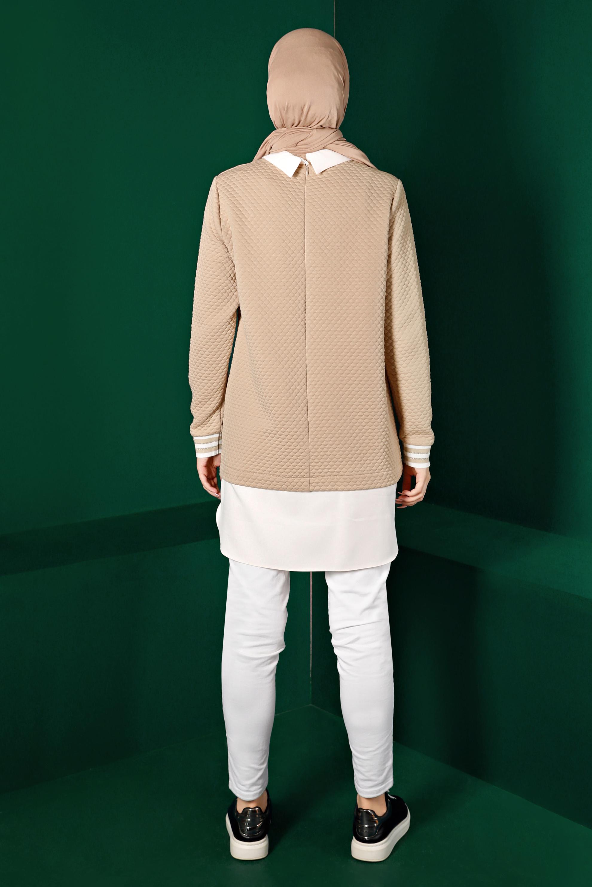 Tesettür giyim BEJ KAPİTONE DESENLİ CEPLİ TUNİK 43356