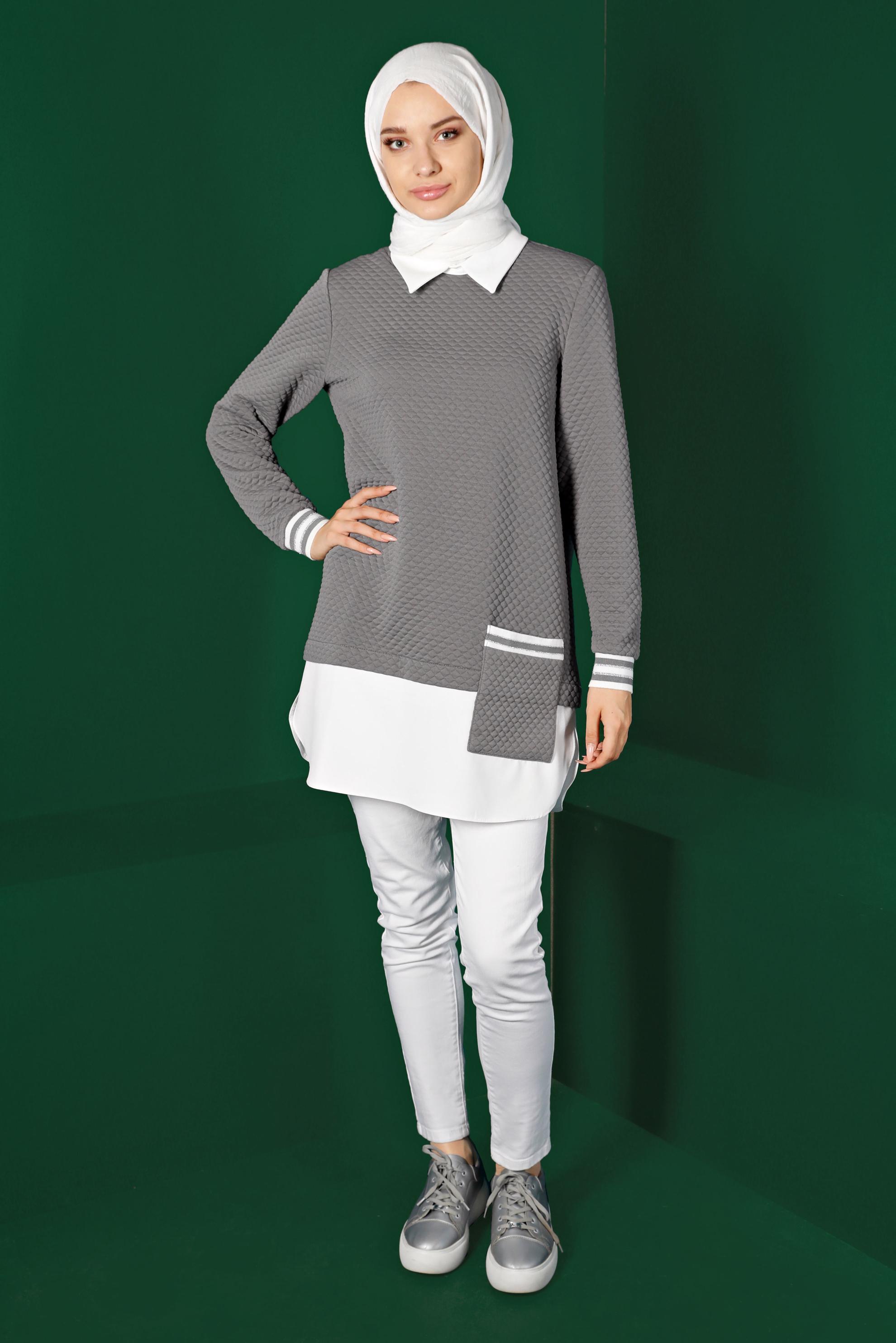 Tesettür giyim GRİ KAPİTONE DESENLİ CEPLİ TUNİK 43356