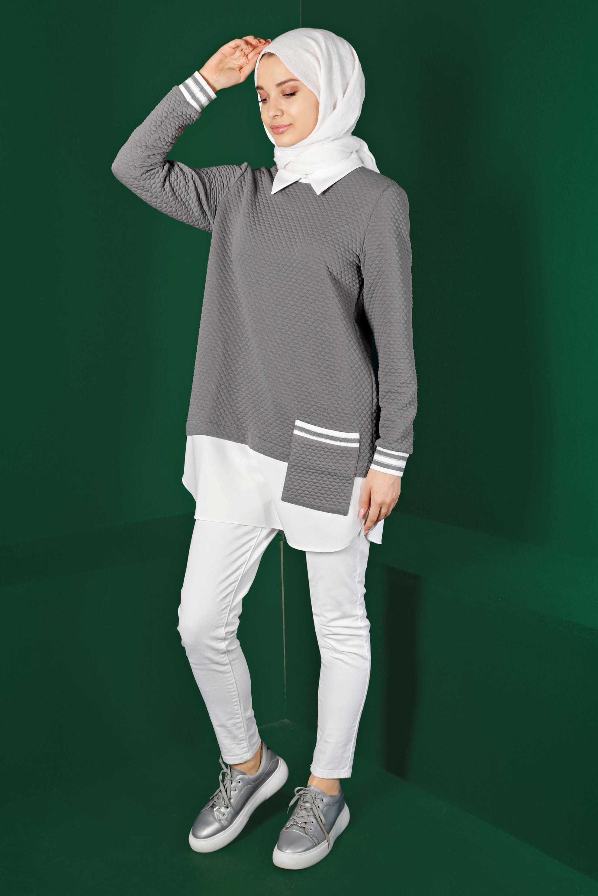 Tesettür giyim GRİ KAPİTONE DESENLİ CEPLİ TUNİK 43356