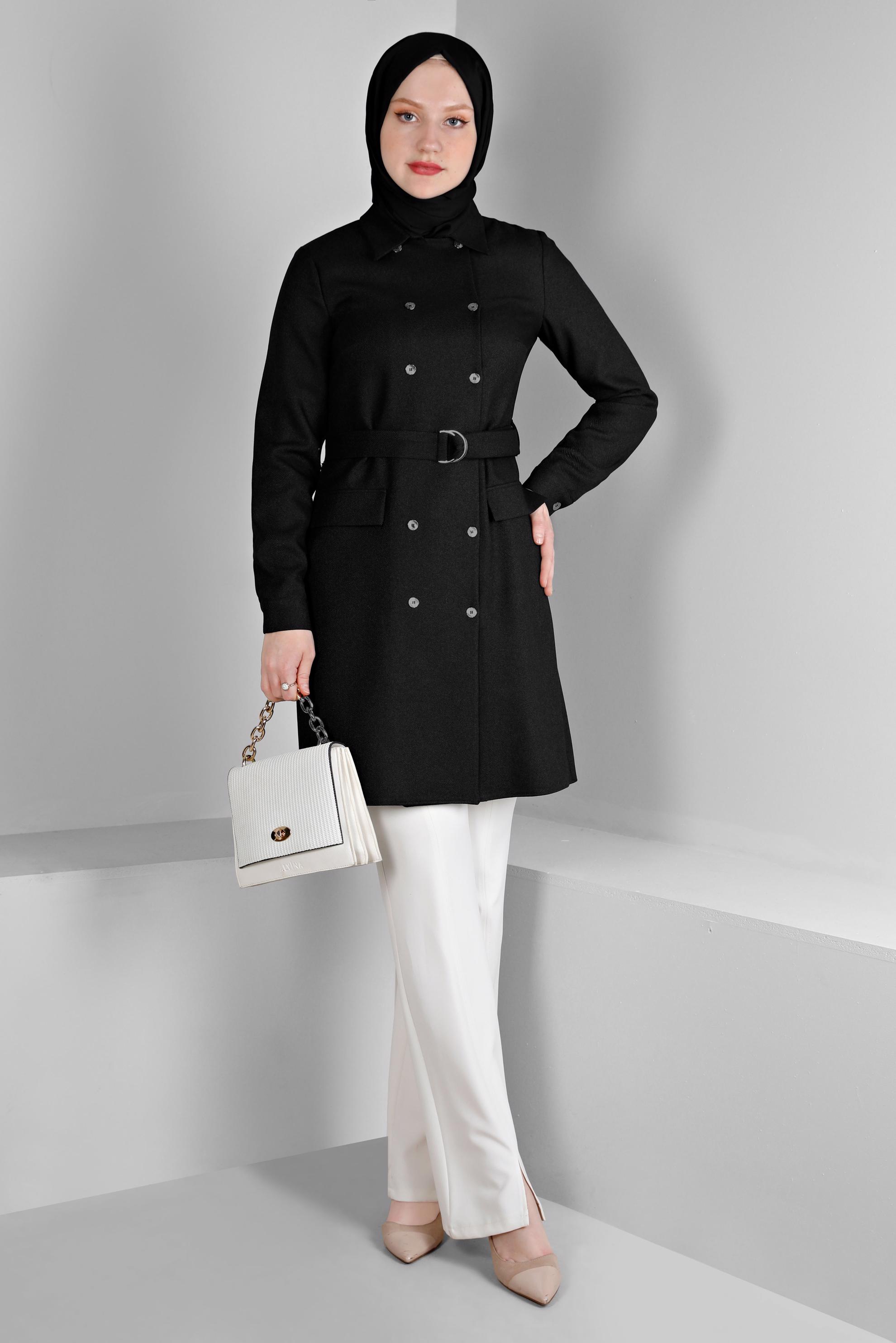 Tesettür giyim SİYAH MANŞETLERİ DÜĞMELİ KEMERLİ TUNİK 43357