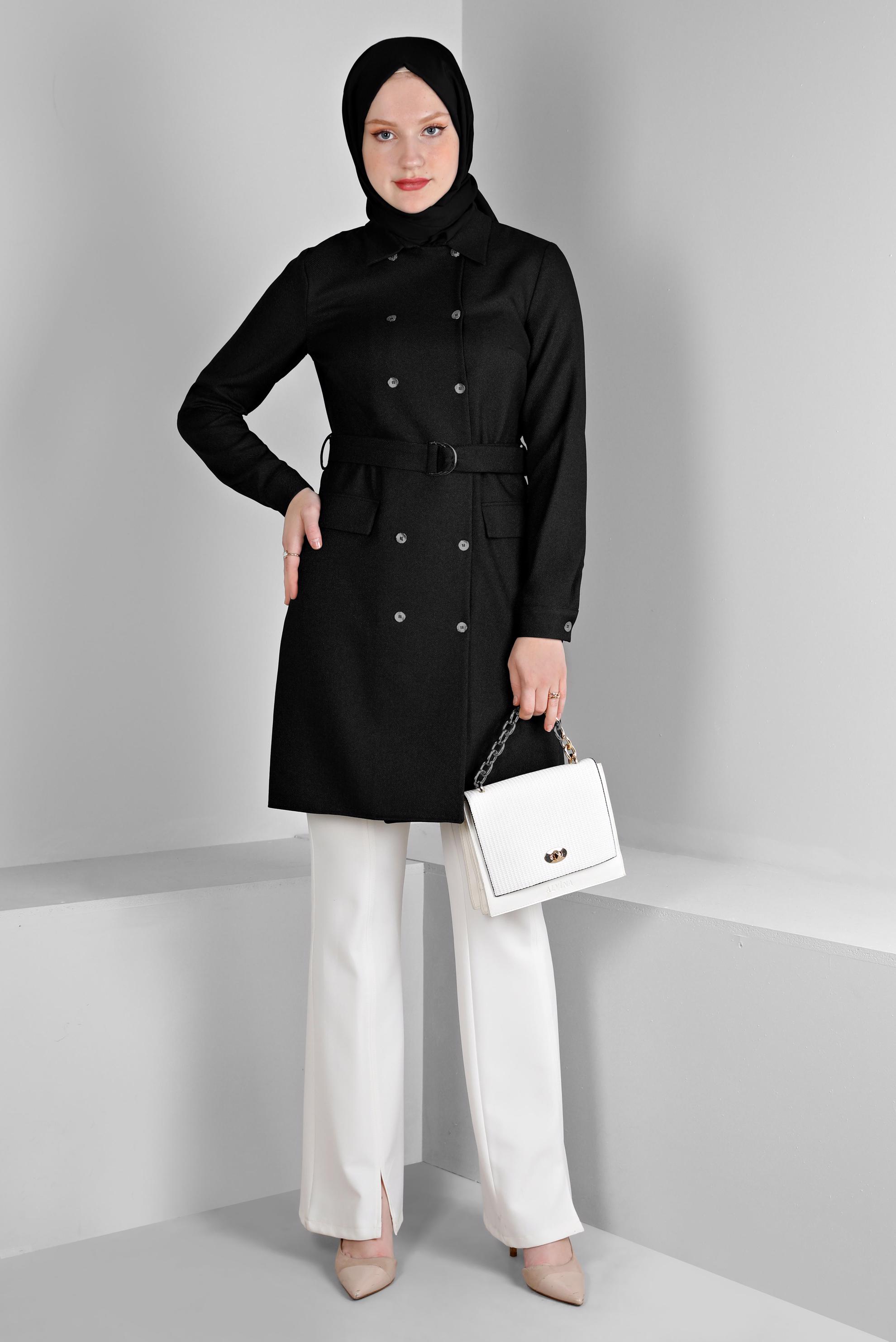 Tesettür giyim SİYAH MANŞETLERİ DÜĞMELİ KEMERLİ TUNİK 43357