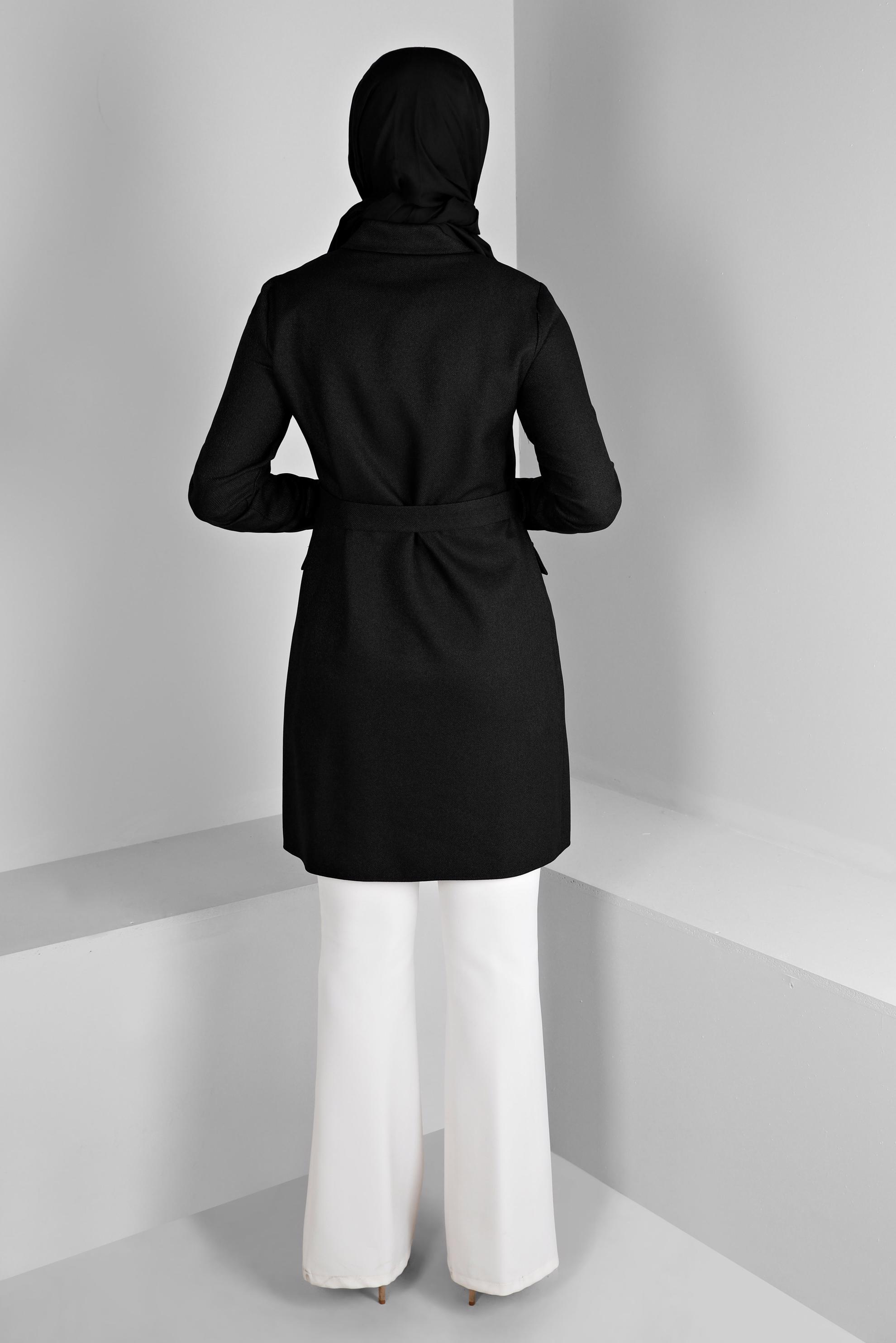 Tesettür giyim SİYAH MANŞETLERİ DÜĞMELİ KEMERLİ TUNİK 43357