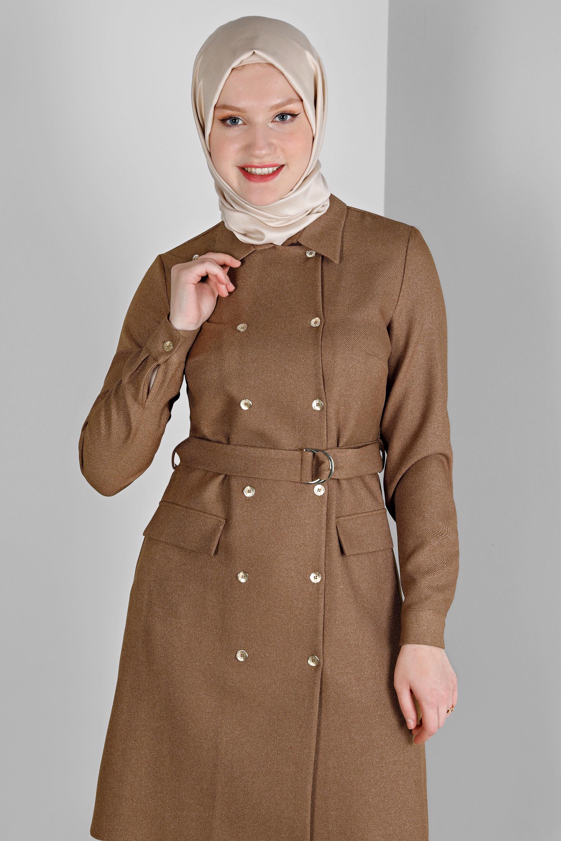 Tesettür giyim KAHVE MANŞETLERİ DÜĞMELİ KEMERLİ TUNİK 43357