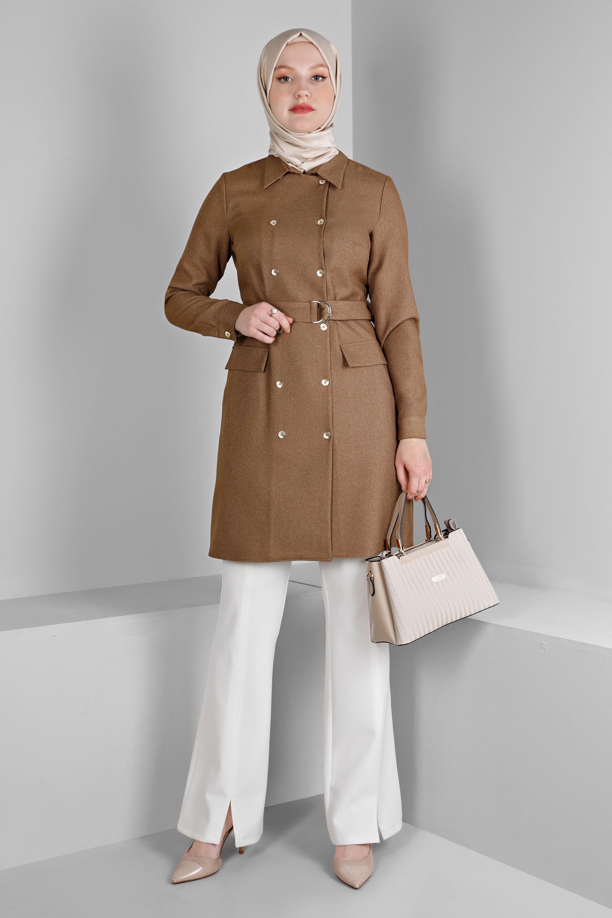 Tesettür giyim KAHVE MANŞETLERİ DÜĞMELİ KEMERLİ TUNİK 43357