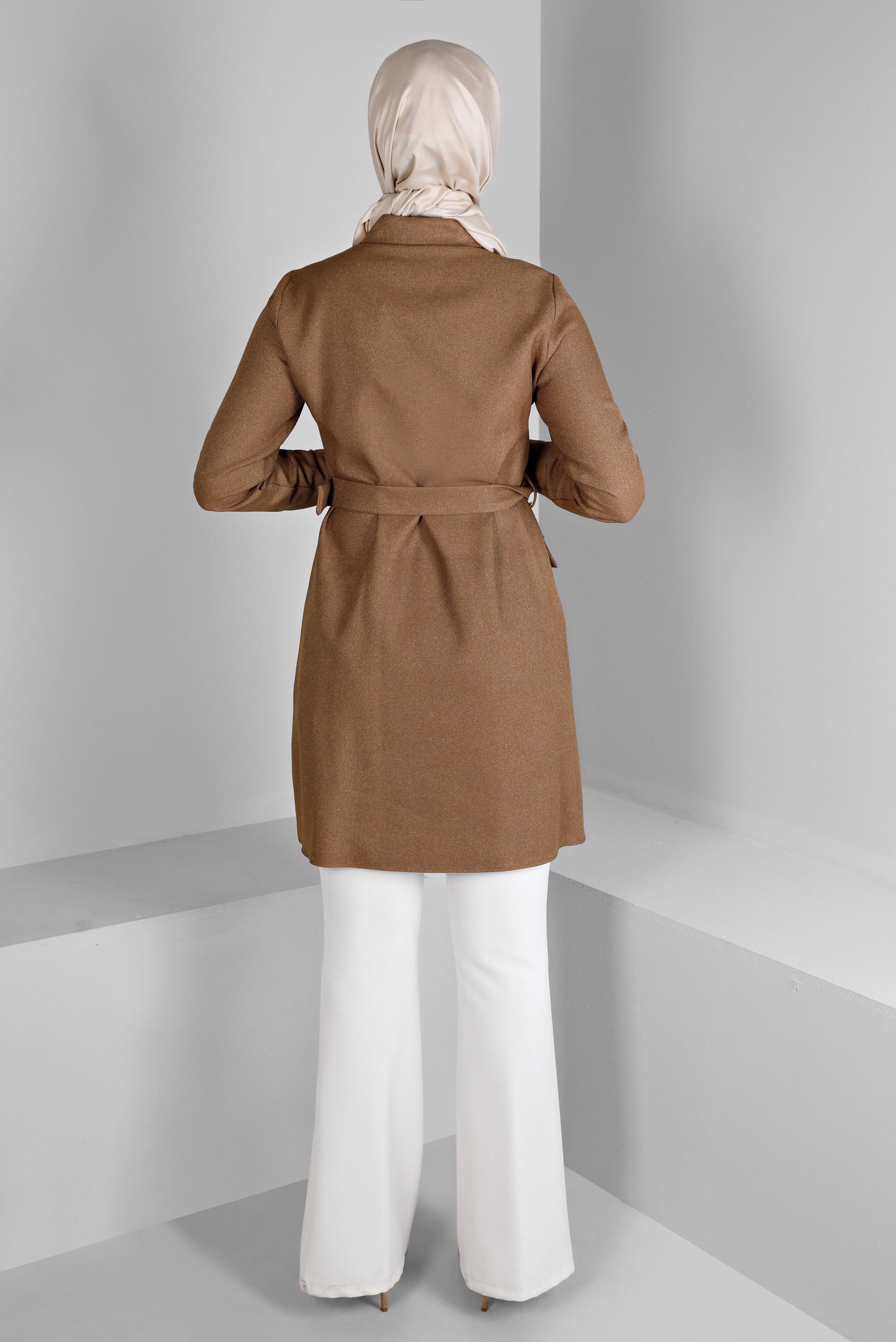 Tesettür giyim KAHVE MANŞETLERİ DÜĞMELİ KEMERLİ TUNİK 43357