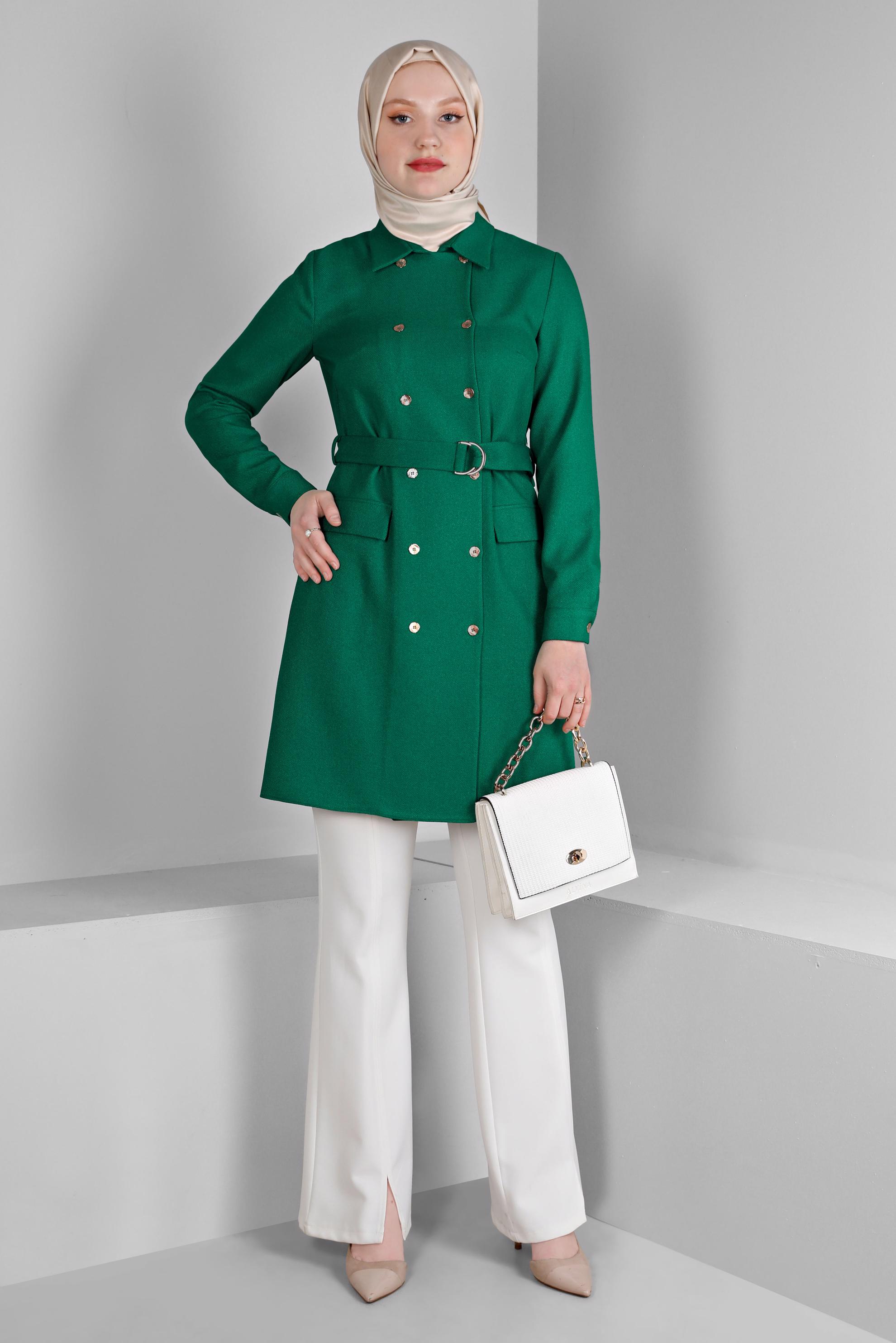Tesettür giyim YEŞİL MANŞETLERİ DÜĞMELİ KEMERLİ TUNİK 43357