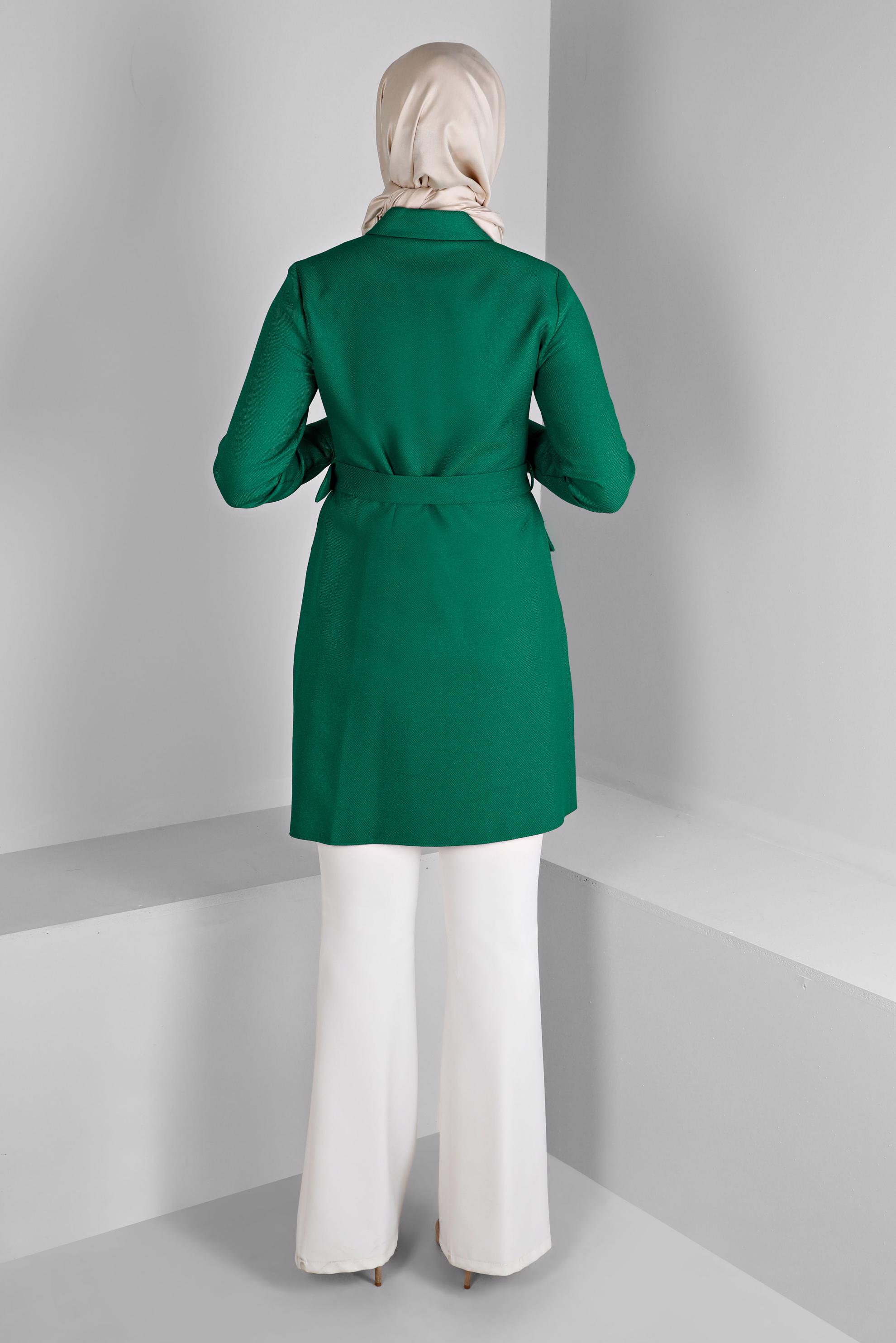 Tesettür giyim YEŞİL MANŞETLERİ DÜĞMELİ KEMERLİ TUNİK 43357