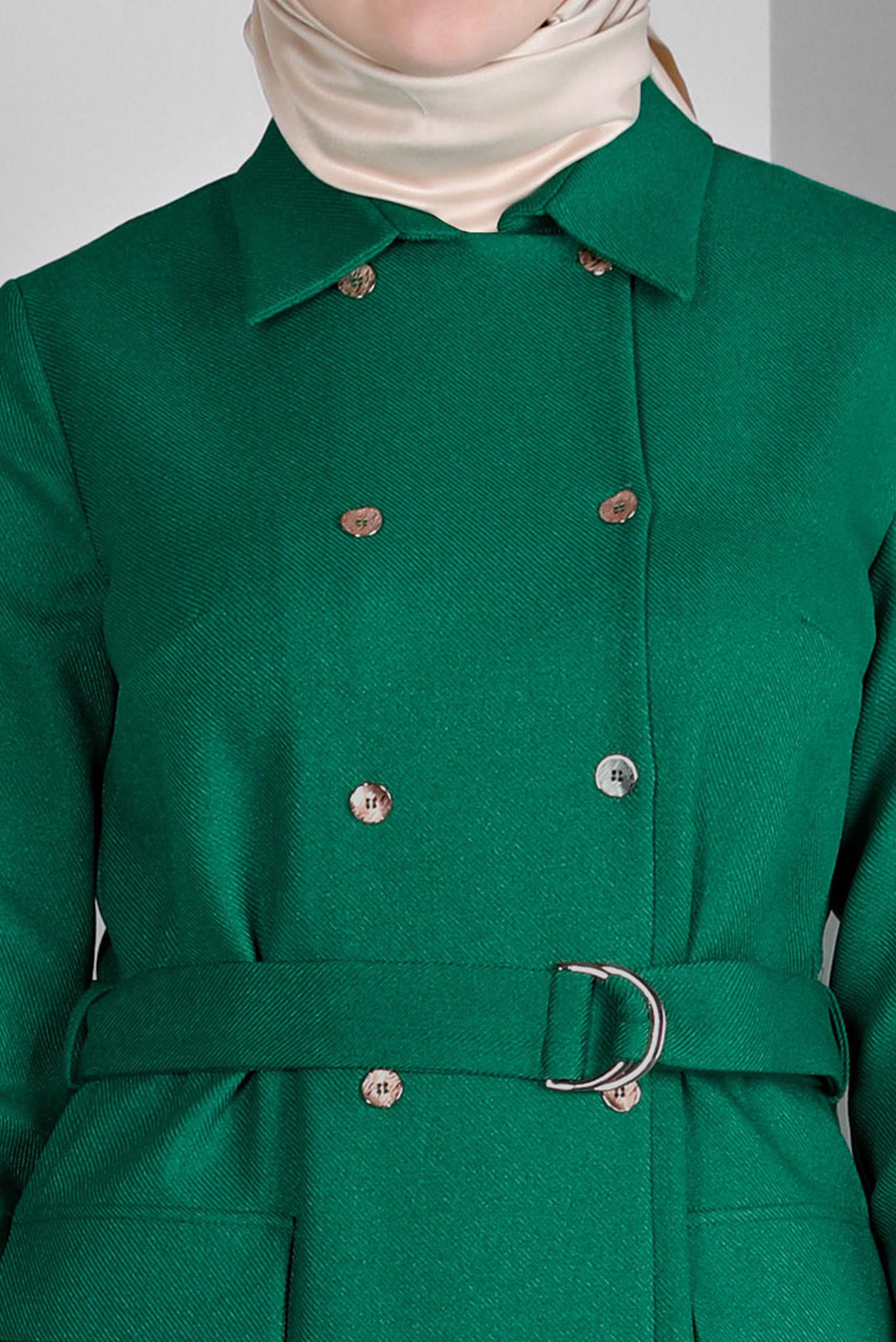 Tesettür giyim YEŞİL MANŞETLERİ DÜĞMELİ KEMERLİ TUNİK 43357