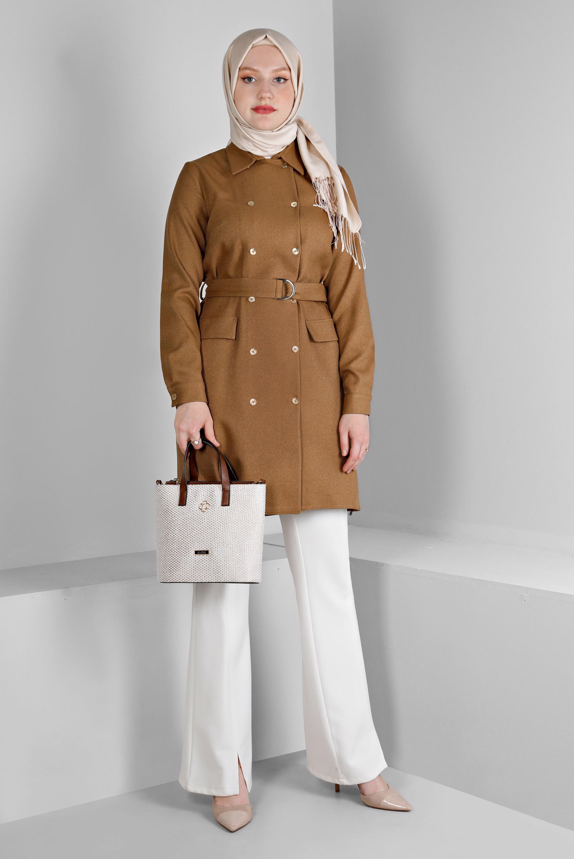 Tesettür giyim SARI MANŞETLERİ DÜĞMELİ KEMERLİ TUNİK 43357