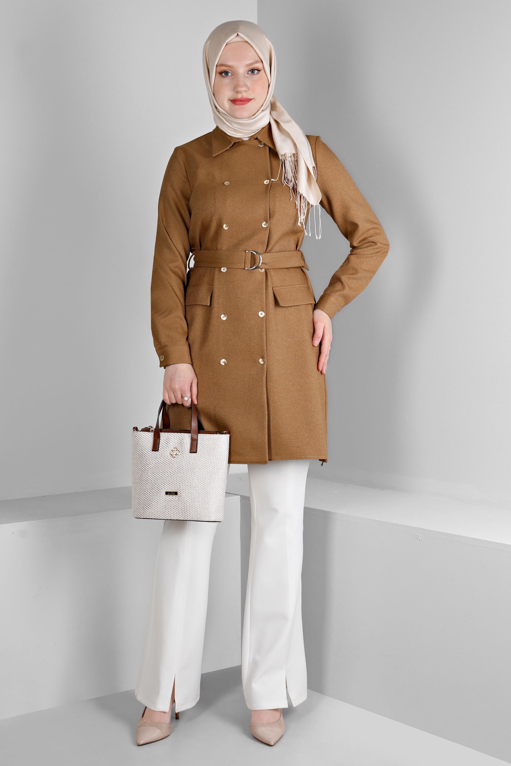 Tesettür giyim SARI MANŞETLERİ DÜĞMELİ KEMERLİ TUNİK 43357