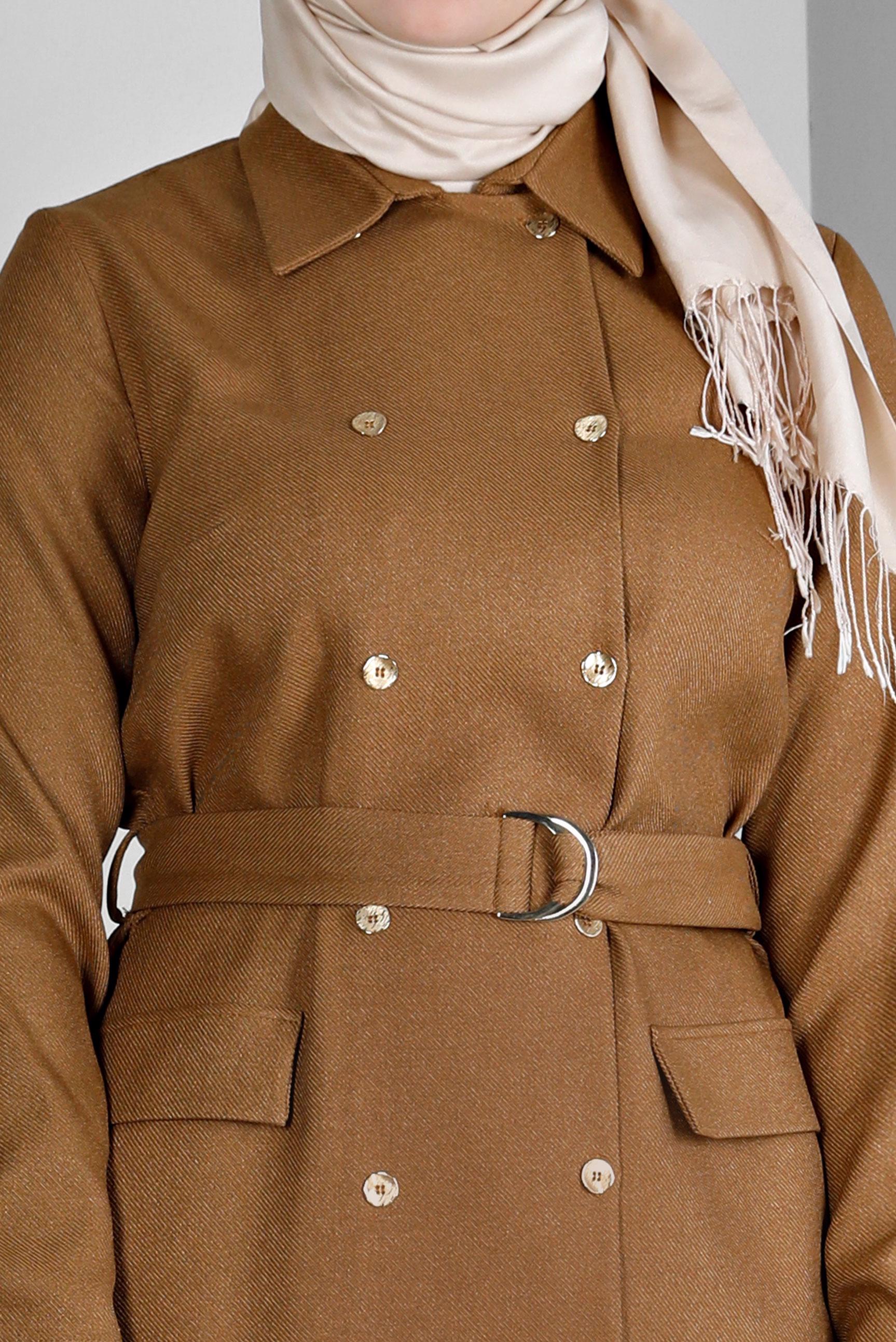 Tesettür giyim SARI MANŞETLERİ DÜĞMELİ KEMERLİ TUNİK 43357