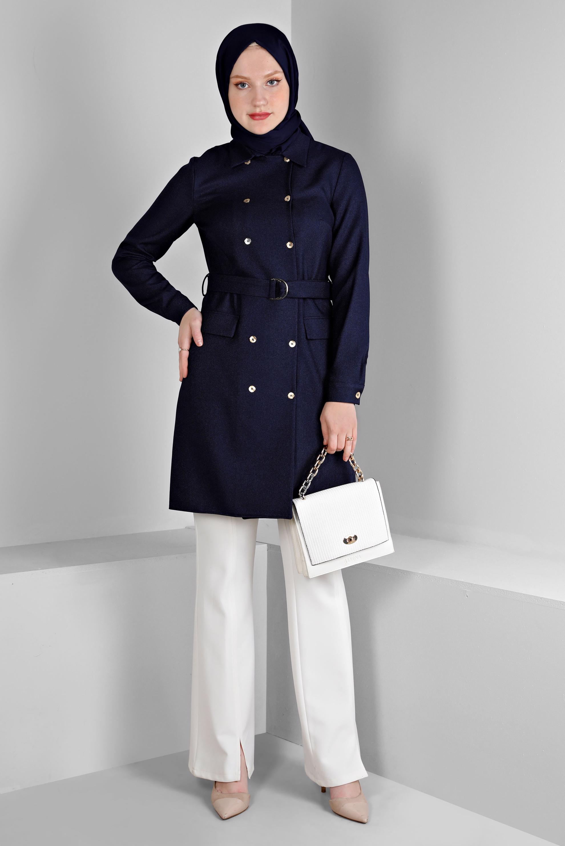 Tesettür giyim LACİVERT MANŞETLERİ DÜĞMELİ KEMERLİ TUNİK 43357